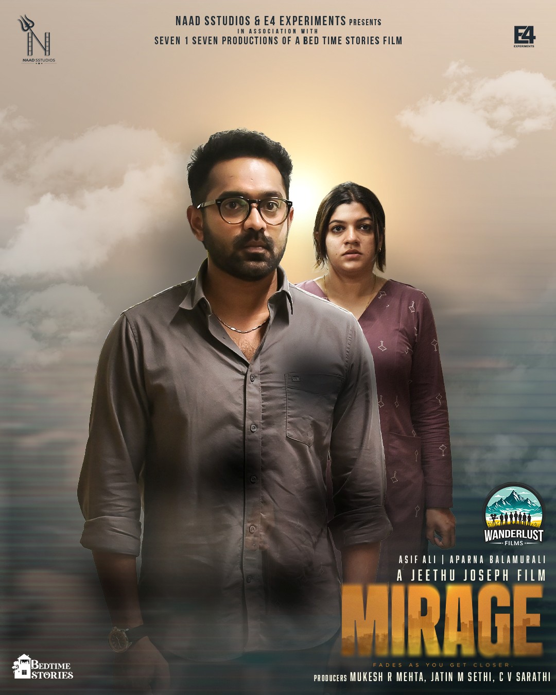 A movie poster of Mirage. Starring Asif Ali, Aparna Balamurali. Release date 25 09 2025.