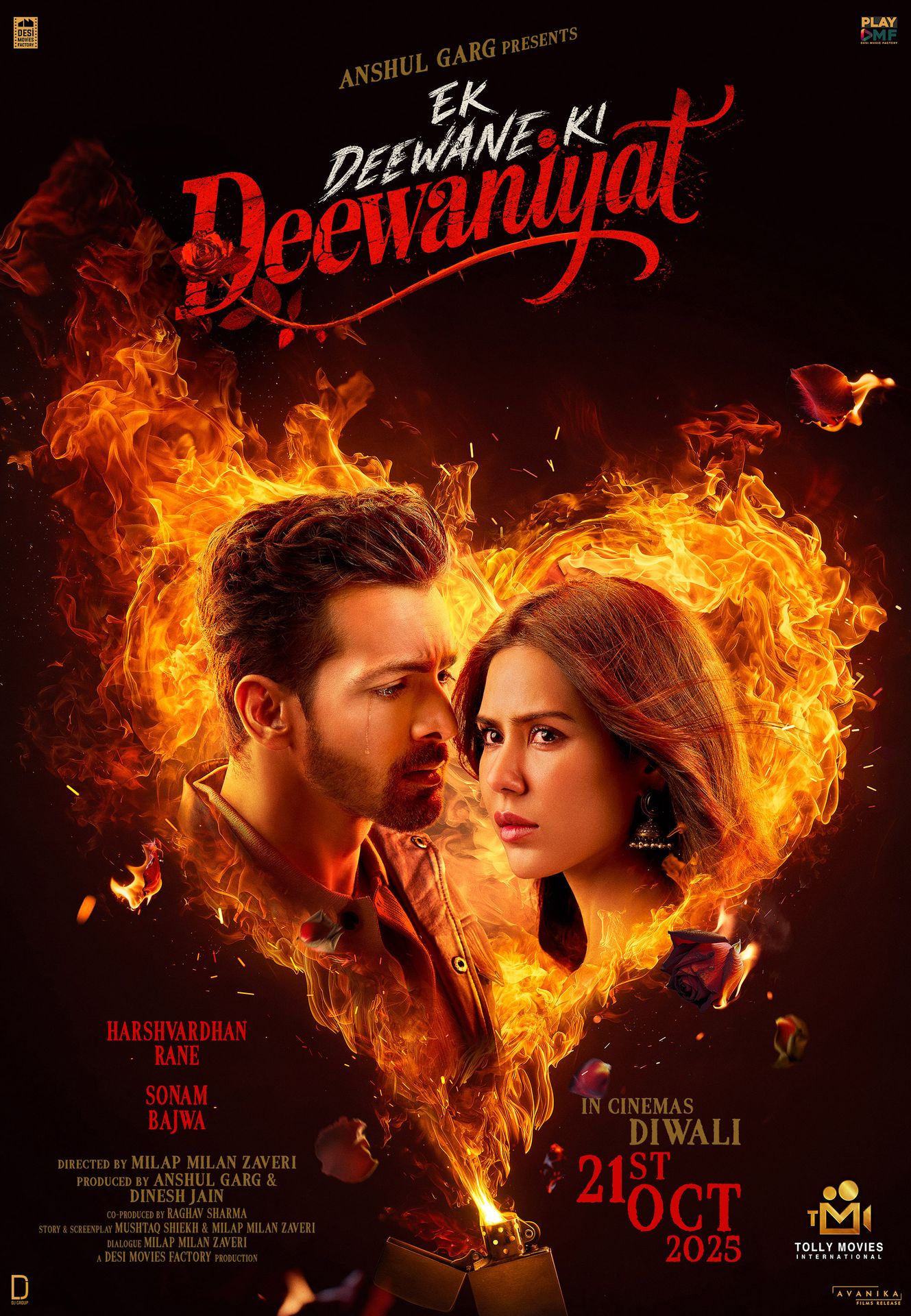 A movie poster of Ek Deewane Ki Deewaniyat. Starring Sonam  Bajwa, Harshvardhan Rane. Release date 21 10 2025.