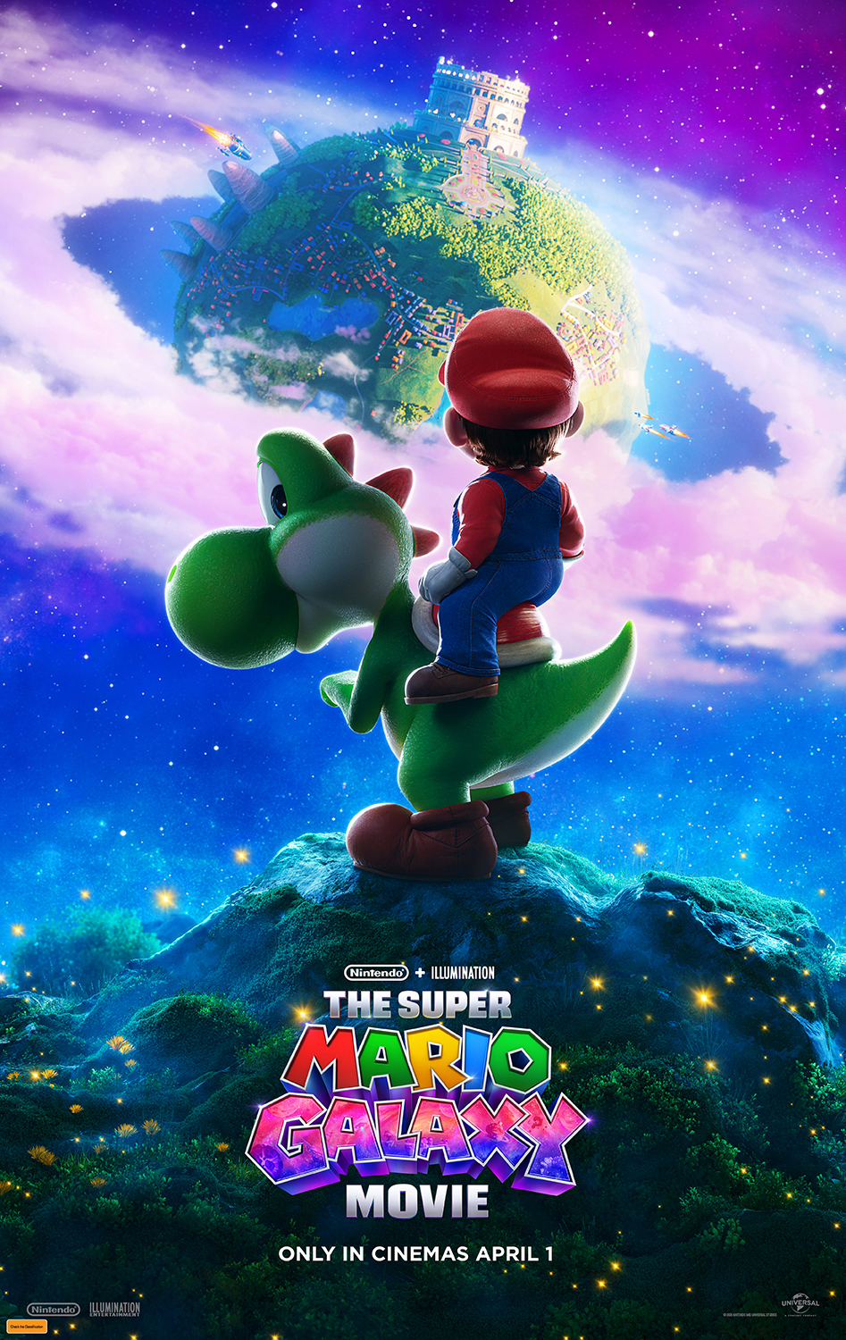 A movie poster of The Super Mario Galaxy Movie. Starring Jack Black, Charlie Day, Keegan-Michael  Key, Brie Larson, Chris Pratt, Kevin Michael Richardson, Benny  Safdie, Anya  Taylor-Joy. Release date 01 04 2026.