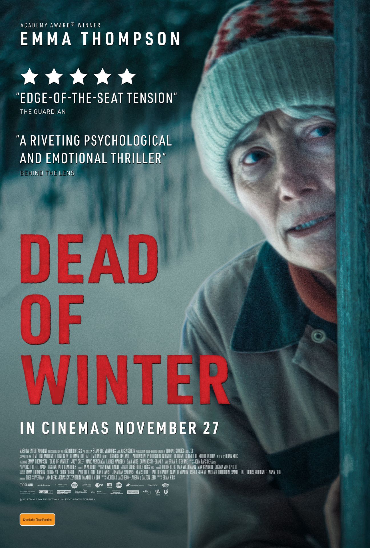 A movie poster of Dead of Winter. Starring Brían F. O'Byrne,Cuan Hosty-Blaney,Emma Thompson,Gaia Wise,Judy Greer,Laurel Marsden,Lloyd Hutchinson,Marc Menchaca.