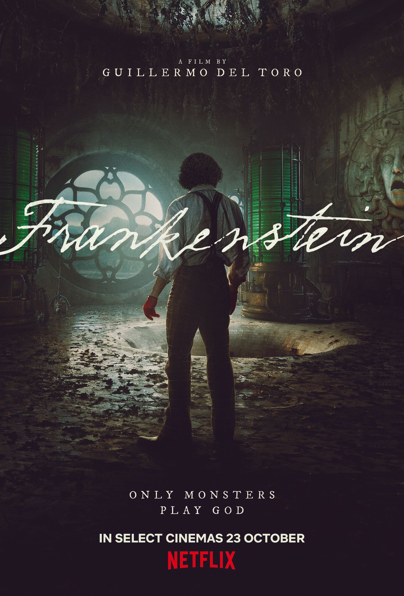 A movie poster of Frankenstein. Starring .