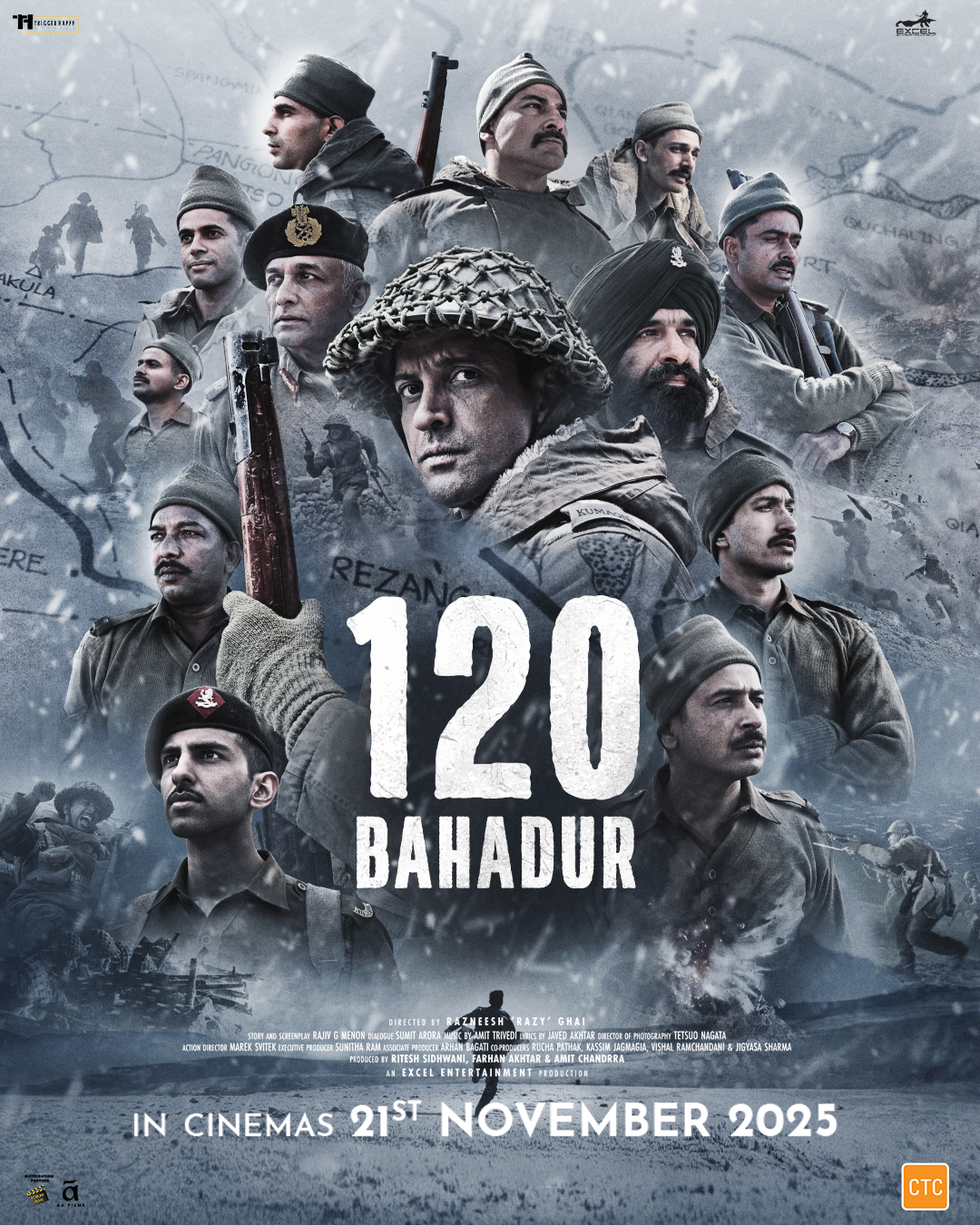 A movie poster of 120 Bahadur. Starring Farhan Akhtar, Vivan Bhatena, Brijesh Karanwal, Raashii Khanna, Dhanveer Singh, Ankit Siwach, Sahib Verma, Sparsh Walia. Release date 21 11 2025.