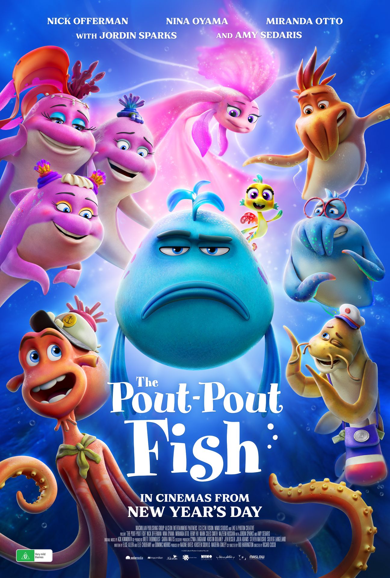 A movie poster of The Pout-Pout Fish. Starring Amy Sedaris,Jordin Sparks,Miranda Otto,Nick Offerman,Nina Oyama,Remy Hii. Release date 01 01 2026.