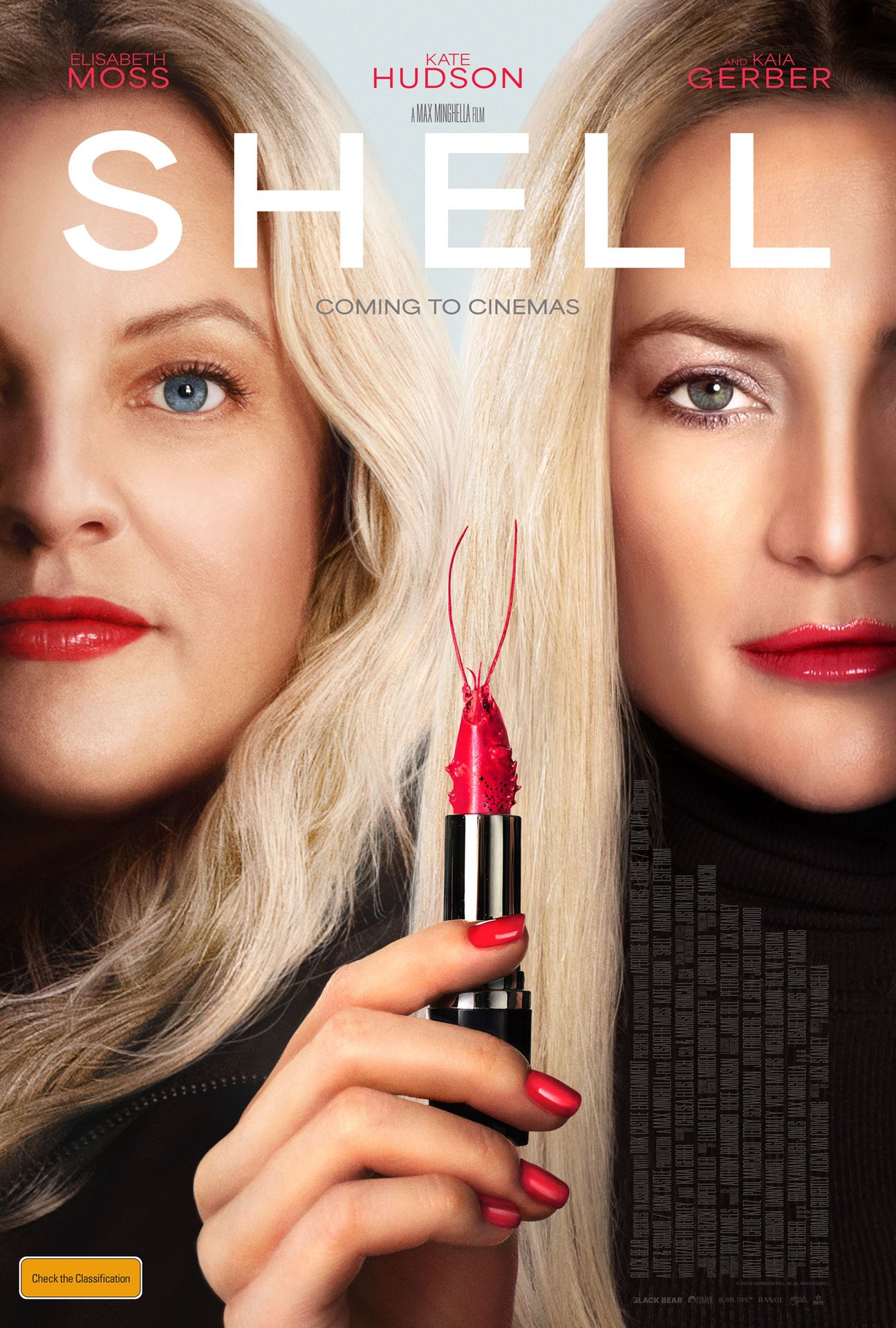 A movie poster of Shell. Starring Elizabeth Berkley, Kaia Gerber, Kate Hudson, Elisabeth Moss. Release date 30 10 2025.