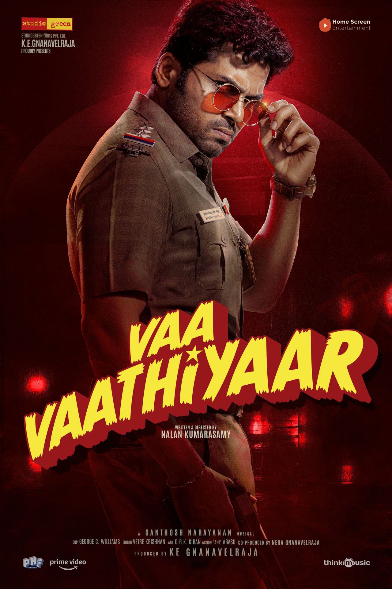 A movie poster of Vaa Vaathiyaar. Starring Karthi,Krithi Shetty,Sathyaraj.