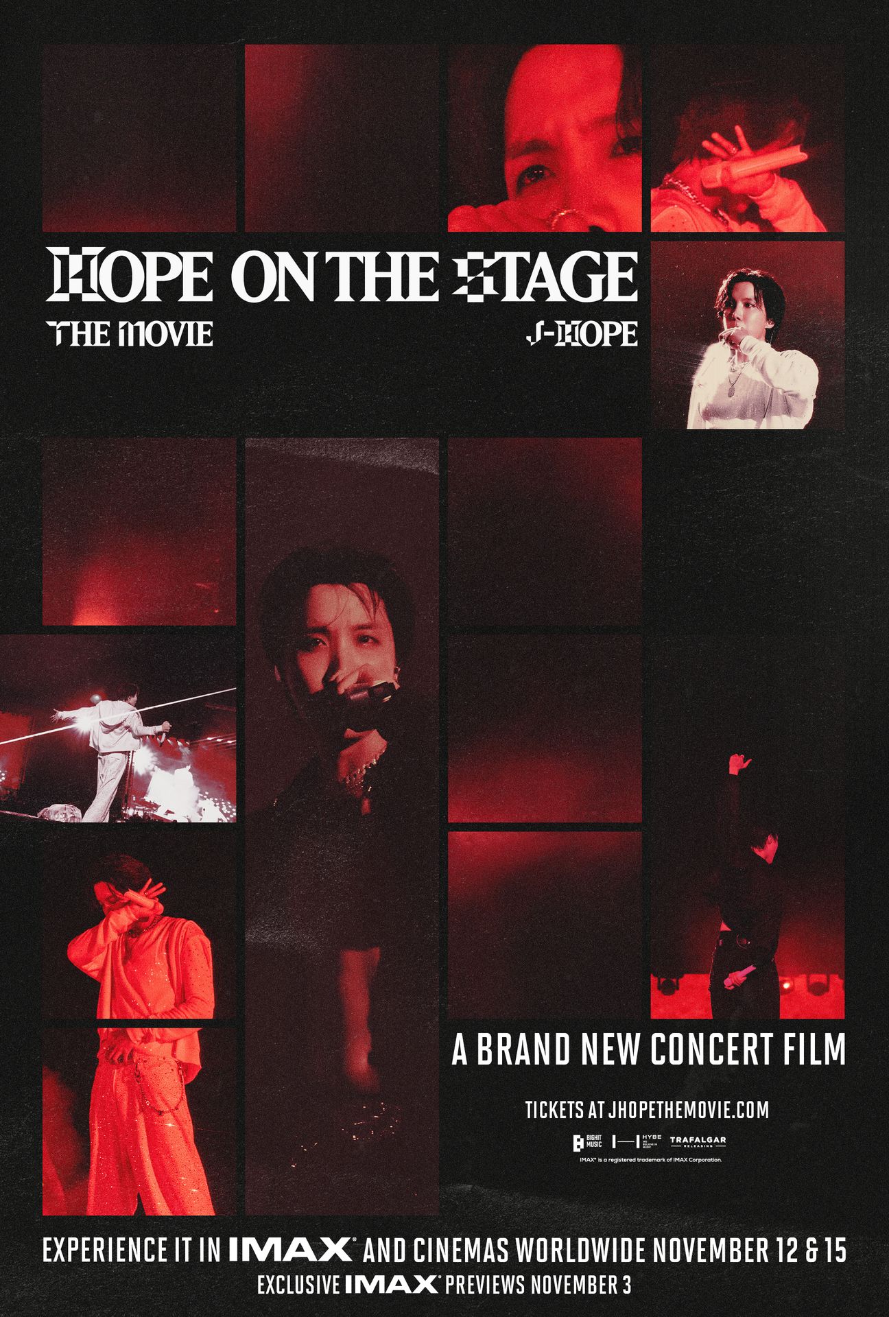 A movie poster of j-hope Tour 'HOPE ON THE STAGE' THE MOVIE. Starring J-hope,Jin,Jung Kook.