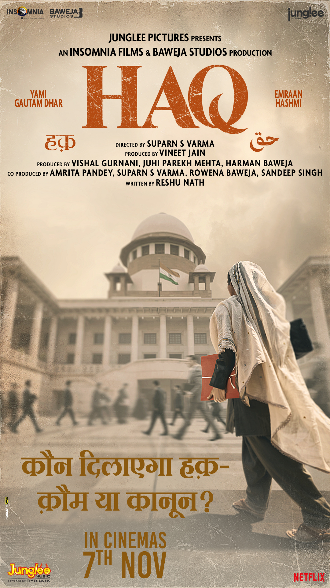 A movie poster of HAQ. Starring Aseem Hattangady,Danish Hussain,Emraan Hashmi,Rahul Mittra,Sheeba Chaddha,Vartika Singh,Yami Gautam.