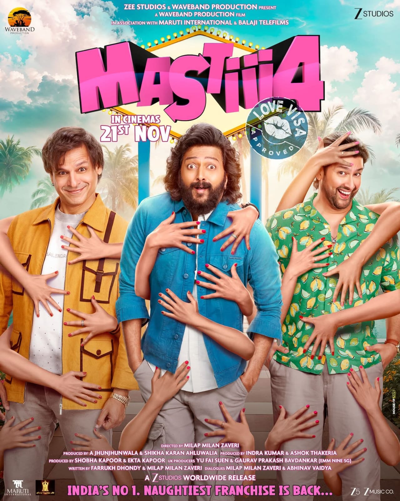 A movie poster of Mastiii 4. Starring Riteish  Deshmukh, Sammy Jonas Heaney, Elnaaz Norouzi, Vivek  Oberoi, Shreya Sharma, Aftab Shivdasani, Ruhi Singh. Release date 21 11 2025.