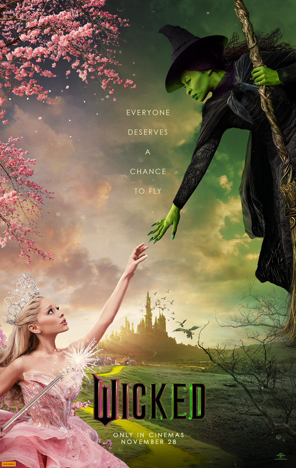 A movie poster of Wicked (Re-release). Starring Jonathan Bailey, Marissa Bode, Colin Michael Carmichael, Cynthia Erivo, Jeff Goldblum, Ariana Grande, Bronwyn James, Keala Settle, Ethan Slater, Bowen Yang, Michelle  Yeoh. Release date 13 11 2025.