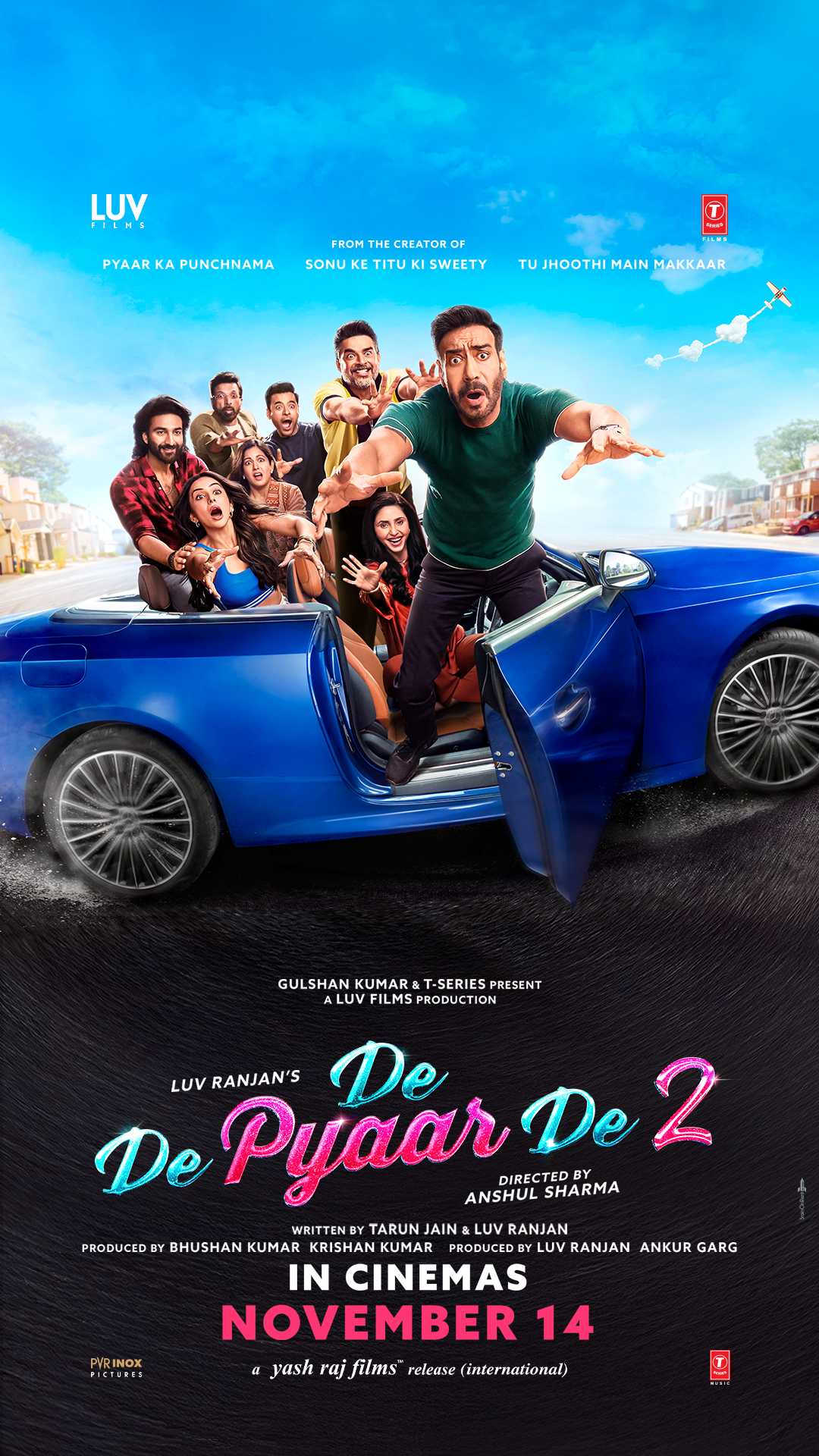 A movie poster of De De Pyaar De 2. Starring Ajay Devgn,Arjun Panchal,Gautami Kapoor,Ishita Dutta,Janki Bodiwala,Javed Jaffrey,Madhavan,Meezaan Jafri,Rakul Preet Singh,Sanjeev Seth.