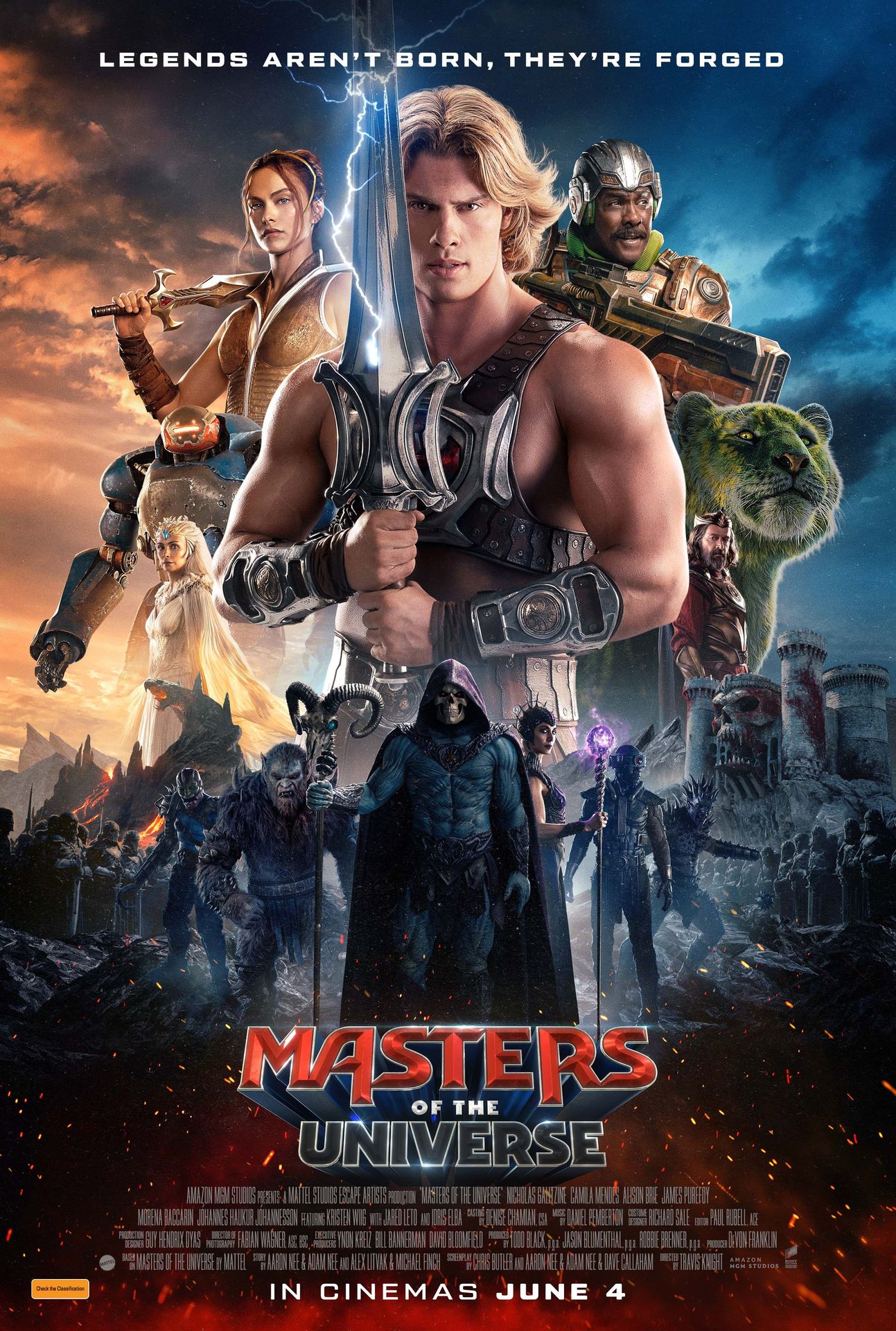 A movie poster of Masters of the Universe. Starring Morena Baccarin, Alison Brie, Idris Elba, Nicholas  Galitzine, Jared Leto, Camila Mendes, James Purefoy, Kristen Wiig. Release date 04 06 2026.