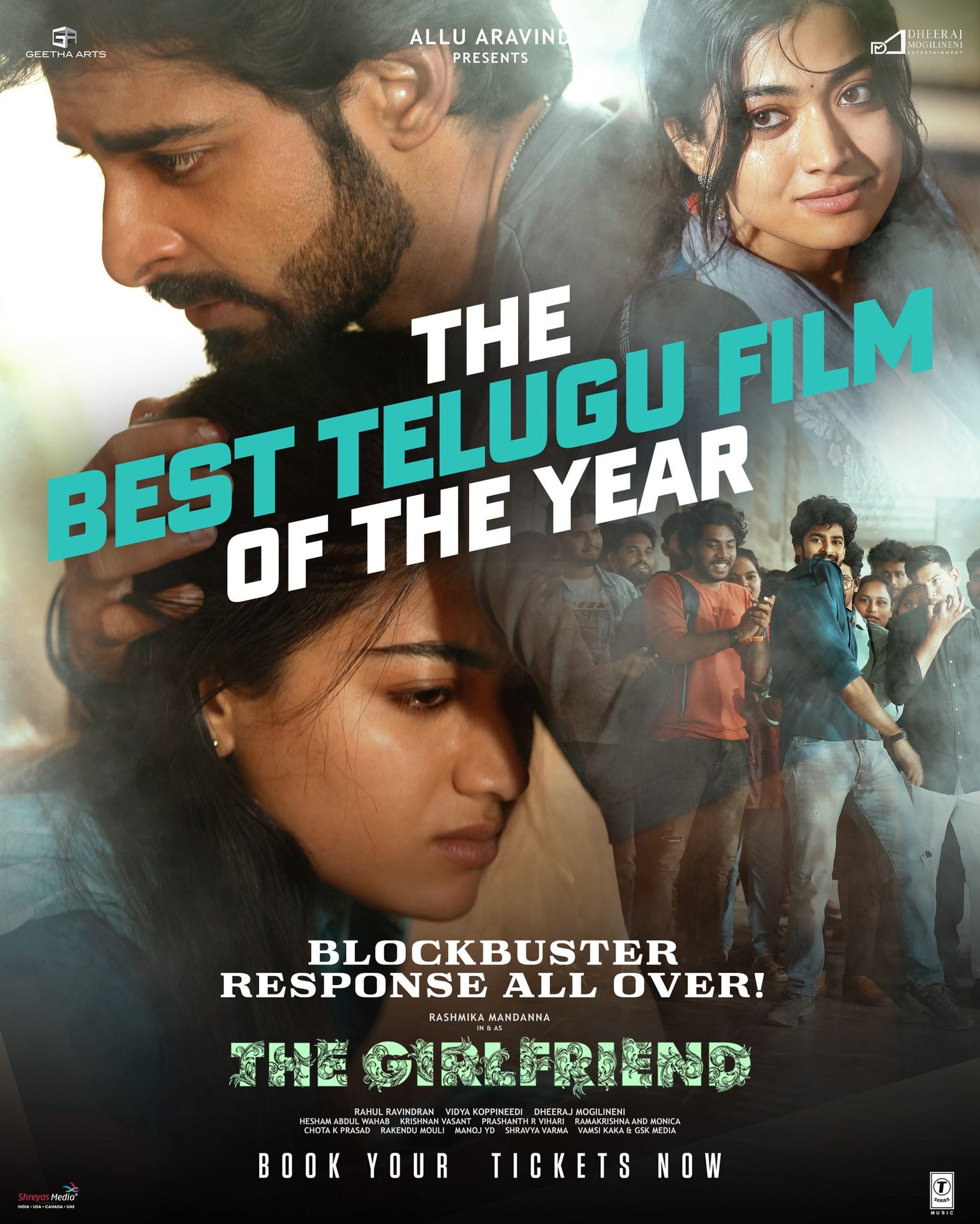 A movie poster of The Girlfriend. Starring Rohini, Mahaboob Basha, Koushik Mahata, Rashmika  Mandanna, Rao  Ramesh, Dheekshith Shetty. Release date 07 11 2025.