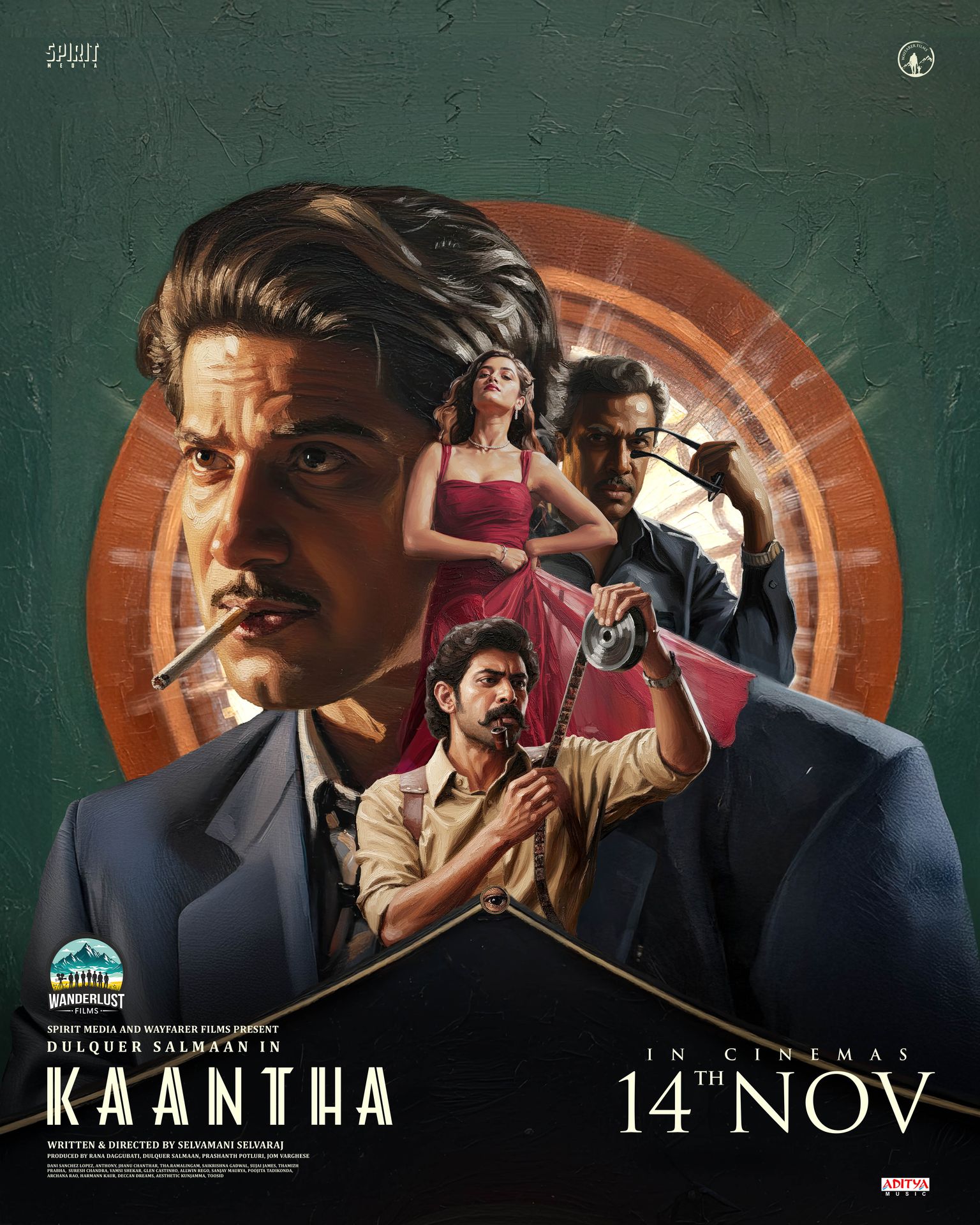 A movie poster of Kaantha. Starring Bhagyashri Borse, Rana Daggubati, Bijesh Nagesh, Dulquer  Salmaan. Release date 14 11 2025.