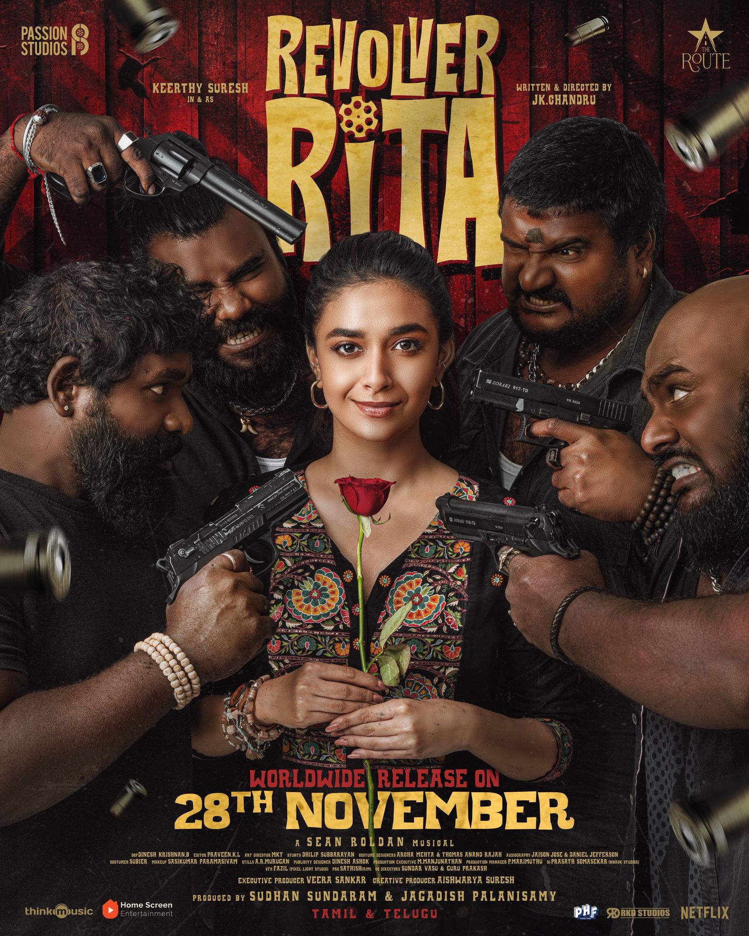 A movie poster of Revolver Rita. Starring Ramachandran Durairaj, Ajay Ghosh, Mime Gopi, Redin Kingsley, Radhika  Sarathkumar, Keerthy Suresh. Release date 28 11 2025.