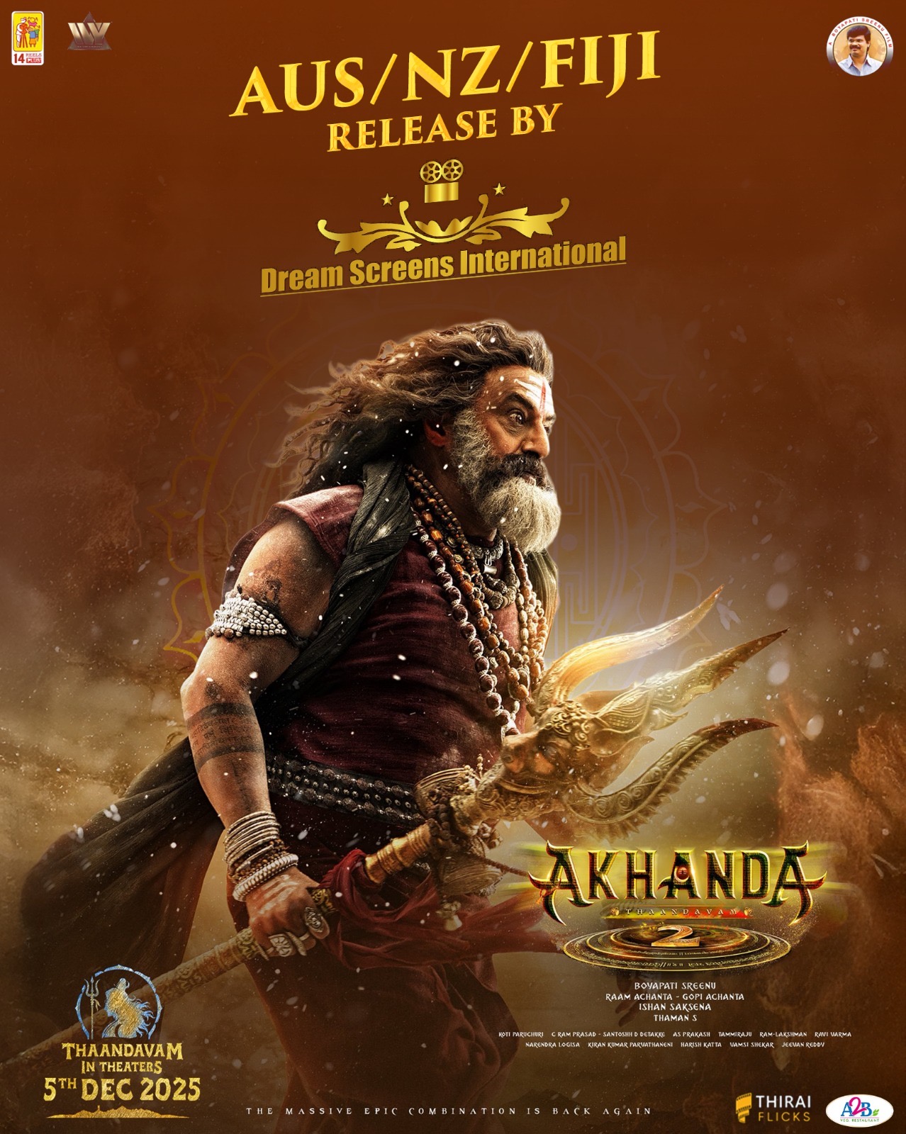 A movie poster of Akhanda 2. Starring Nandamuri  Balakrishna, Saswata  Chatterjee, Shamna Kasim, Harshaali Malhotra, Samyuktha Menon, Ayyappa P. Sharma, Kabir Duhan Singh. Release date 05 12 2025.