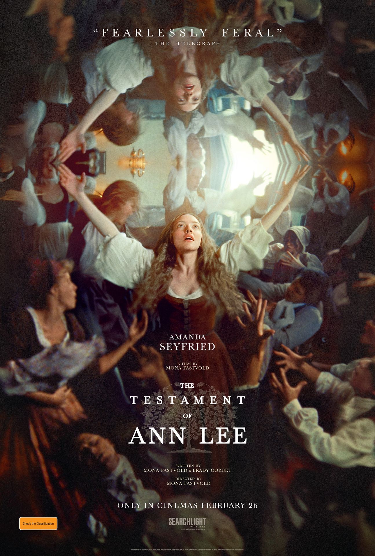 A movie poster of The Testament of Ann Lee. Starring Amanda Seyfried,Christopher Abbott,Lewis Pullman,Matthew Beard,Scott Handy,Shannon Woodward,Stacy Martin,Thomasin McKenzie,Tim Blake Nelson,Viola Prettejohn. Release date 26 02 2026.