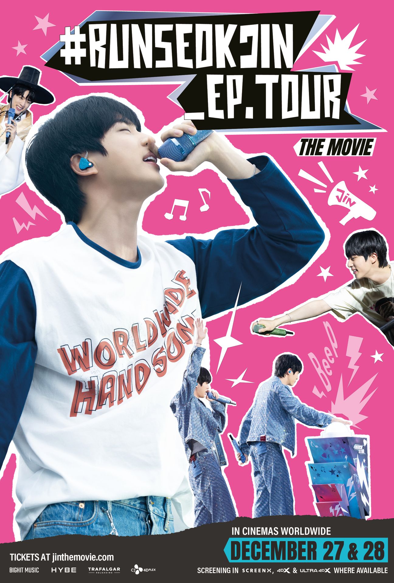 A movie poster of #RUNSEOKJIN_EP.TOUR The Movie. Starring Jin.