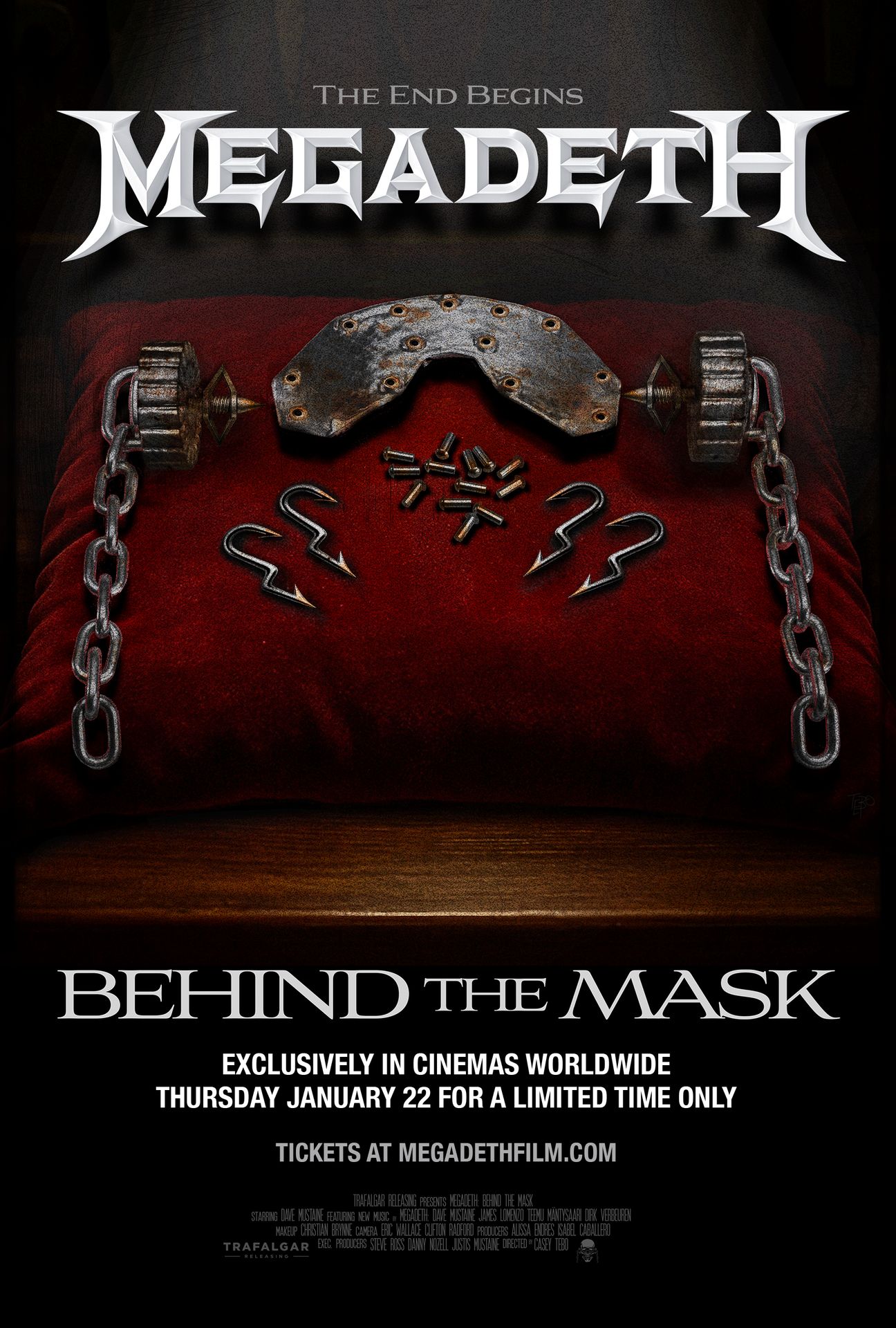 A movie poster of Megadeth: Behind The Mask. Starring Dave Mustaine,Dirk Verbeuren,James LoMenzo,Teemu Mantysaari.