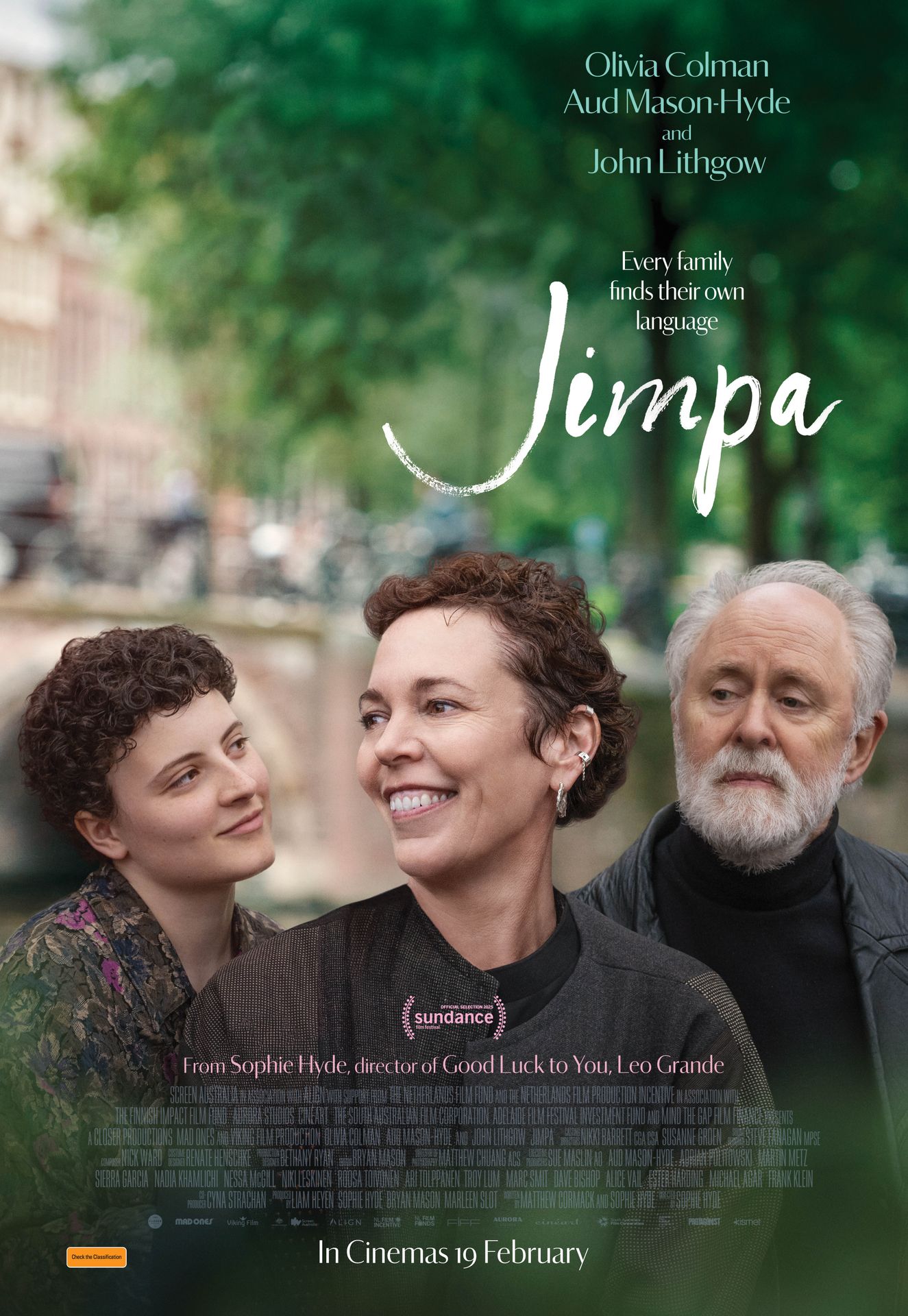 A movie poster of Jimpa. Starring Aud Mason-Hyde,Cody Fern,Daniel Henshall,Deborah Kennedy,Eamon Farren,Hans Kesting,John Lithgow,Kate Box,Olivia Colman,Tilda Cobham-Hervey. Release date 19 02 2026.