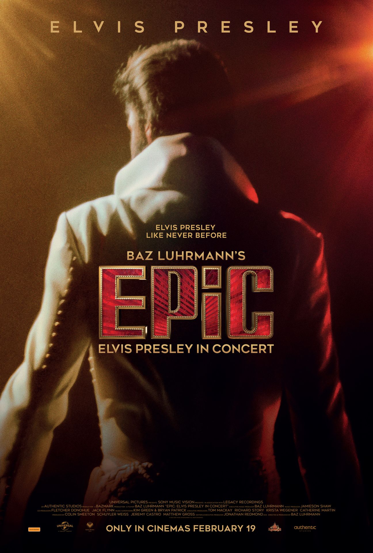 A movie poster of EPiC: Elvis Presley in Concert. Starring Elvis Presley.