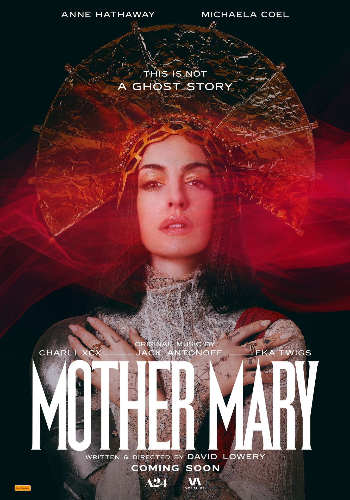 A movie poster of Mother Mary. Starring Alba Baptista,Anne Hathaway,Atheena Frizzell,Hunter Schafer,Isaura Barbe-Brown,Jessica Brown Findlay,Julia Stolba,Laura Meakin,Michaela Coel,Sian Clifford. Release date 14 05 2026.