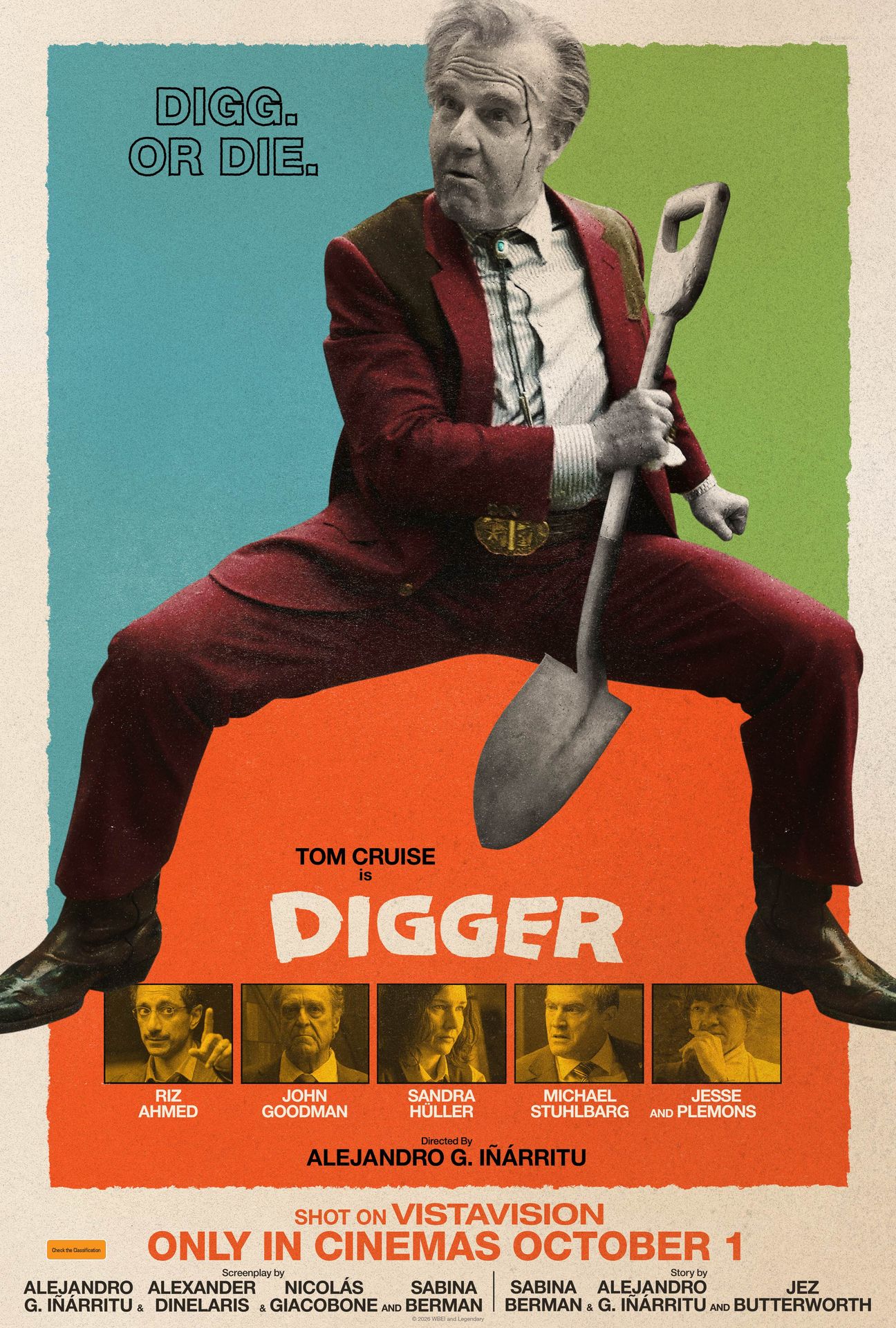 A movie poster of Digger. Starring Corey Johnson, Danny Kirrane, Emma D'Arcy, Jesse Plemons, John Goodman, Michael Stuhlbarg, Riz Ahmed, Sandra Hüller, Sophie Wilde, Tom Cruise. Release date 01 10 2026.