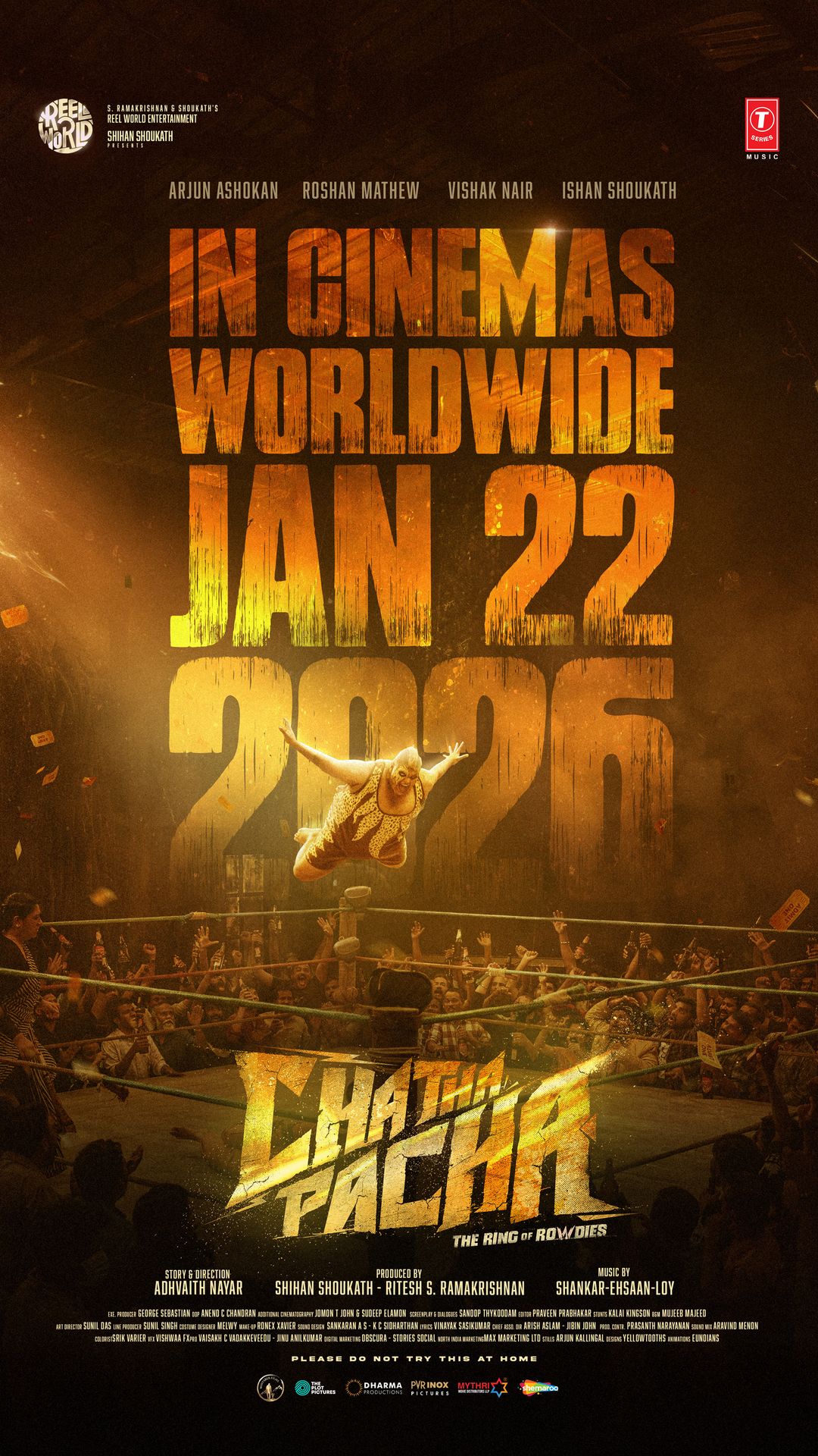 A movie poster of Chatha Pacha: The Ring of Rowdies. Starring Arjun Ashokan, Roshan Mathew, Vishak Nair, Ishan Shoukath, Carmen S Mathew, Siddique. Release date 22 01 2026.