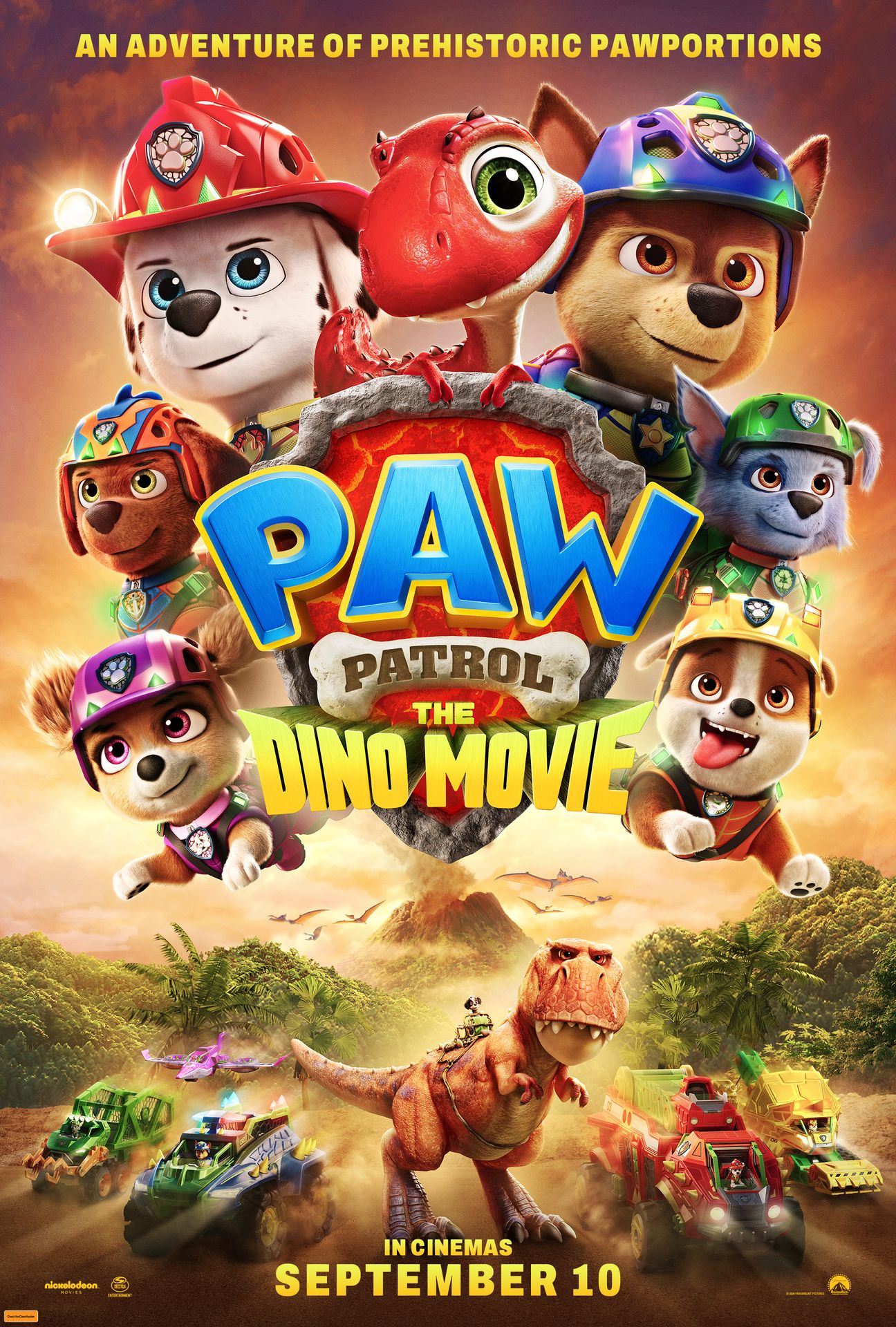 A movie poster of Paw Patrol: The Dino Movie. Starring Bill Nye, Carter Young, Fortune Feimster, Hayden Chamberlen, Henry Bolan, Jameela Jamil, Jennifer Hudson, Lucien Duncan-Reid, Mckenna Grace, Meredith MacNeill, Nylan Parthipan, Paris Hilton, Rain Janjua, Ron Pardo, Snoop Dogg, Terry Crews, William Desrosiers.