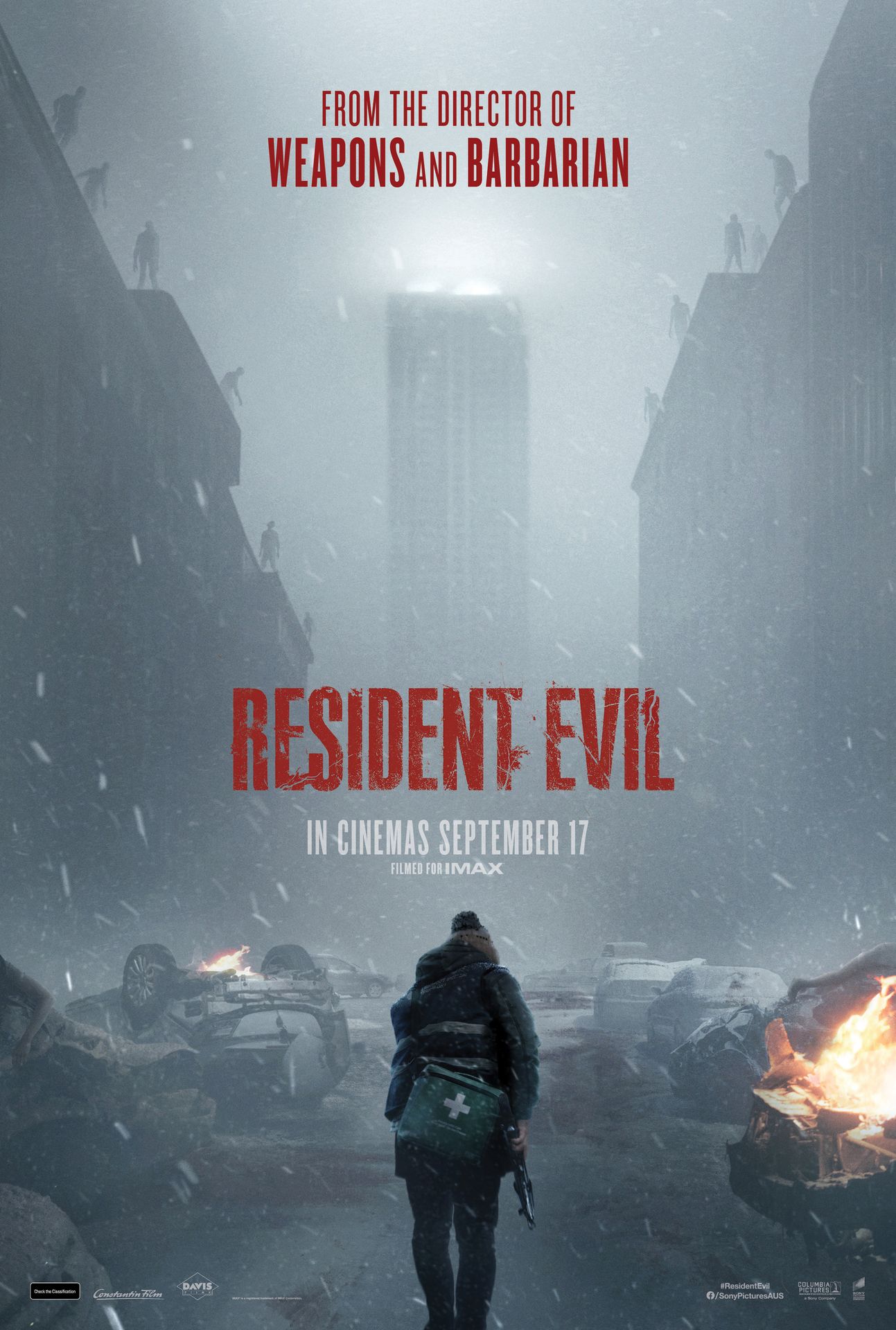 A movie poster of Resident Evil. Starring Austin Abrams, Zach Cherry, Kali Reis, Paul Walter Hauser. Release date 17 09 2026.