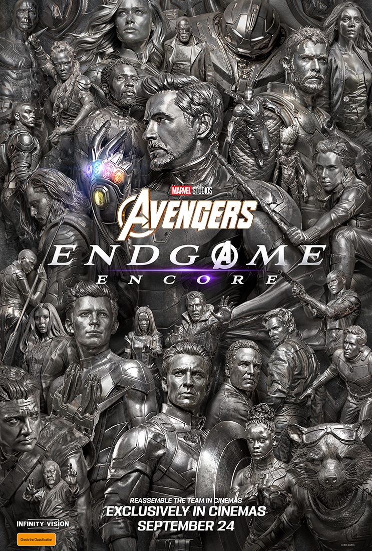 A movie poster of Avengers: Endgame Encore. Starring Josh Brolin, Don Cheadle, Bradley Cooper, Benedict  Cumberbatch, Robert Downey Jnr, Chris Evans, Jon Favreau, Karen Gillan, Danai  Gurira, Chris Hemsworth, Scarlett  Johansson, Brie Larson, Evangeline Lilly, Terry Notary, Gwyneth Paltrow, Jeremy Renner, Paul Rudd, Mark Ruffalo, Sebastian Stan, Benedict Wong. Release date 24 09 2026.