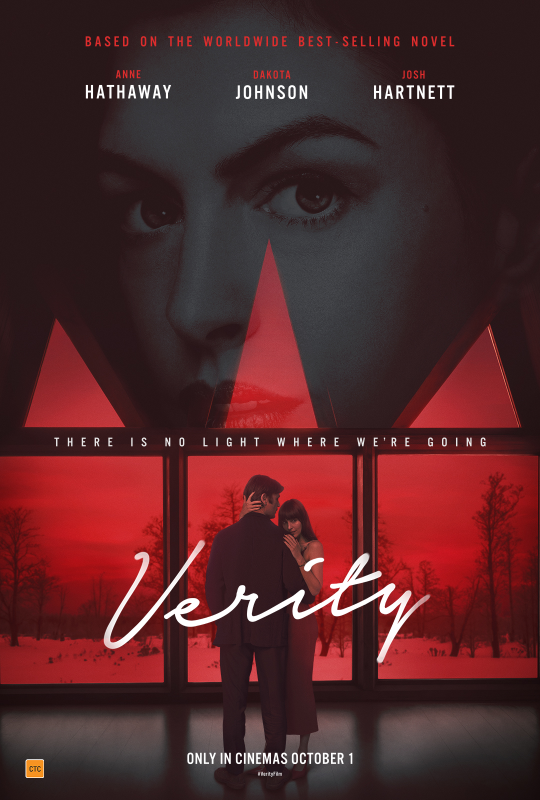 A movie poster of Verity. Starring Anne Hathaway, Dakota Johnson, Josh Hartnett, Ismael Cruz Cordóva, Brady Wagner. Release date 01 10 2026.