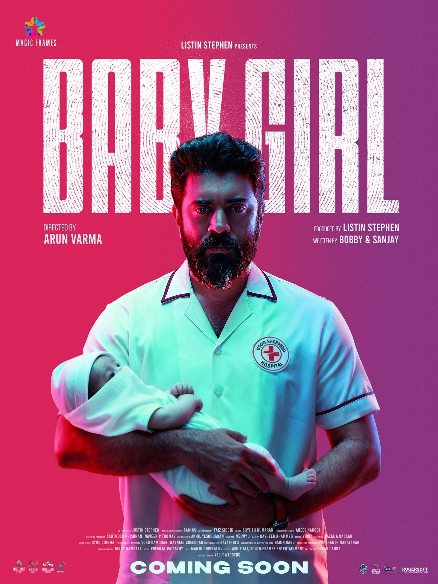 A movie poster of Baby Girl. Starring Abhimanyu Shammy Thilakan,Aditi Ravi,Aswath Lal,Azees Nedumangad,Jaffer Idukki,Kichu Tellus,Lijomol Jose,Nivin Pauly,Sangeeth Prathap,Sreejith Ravi.