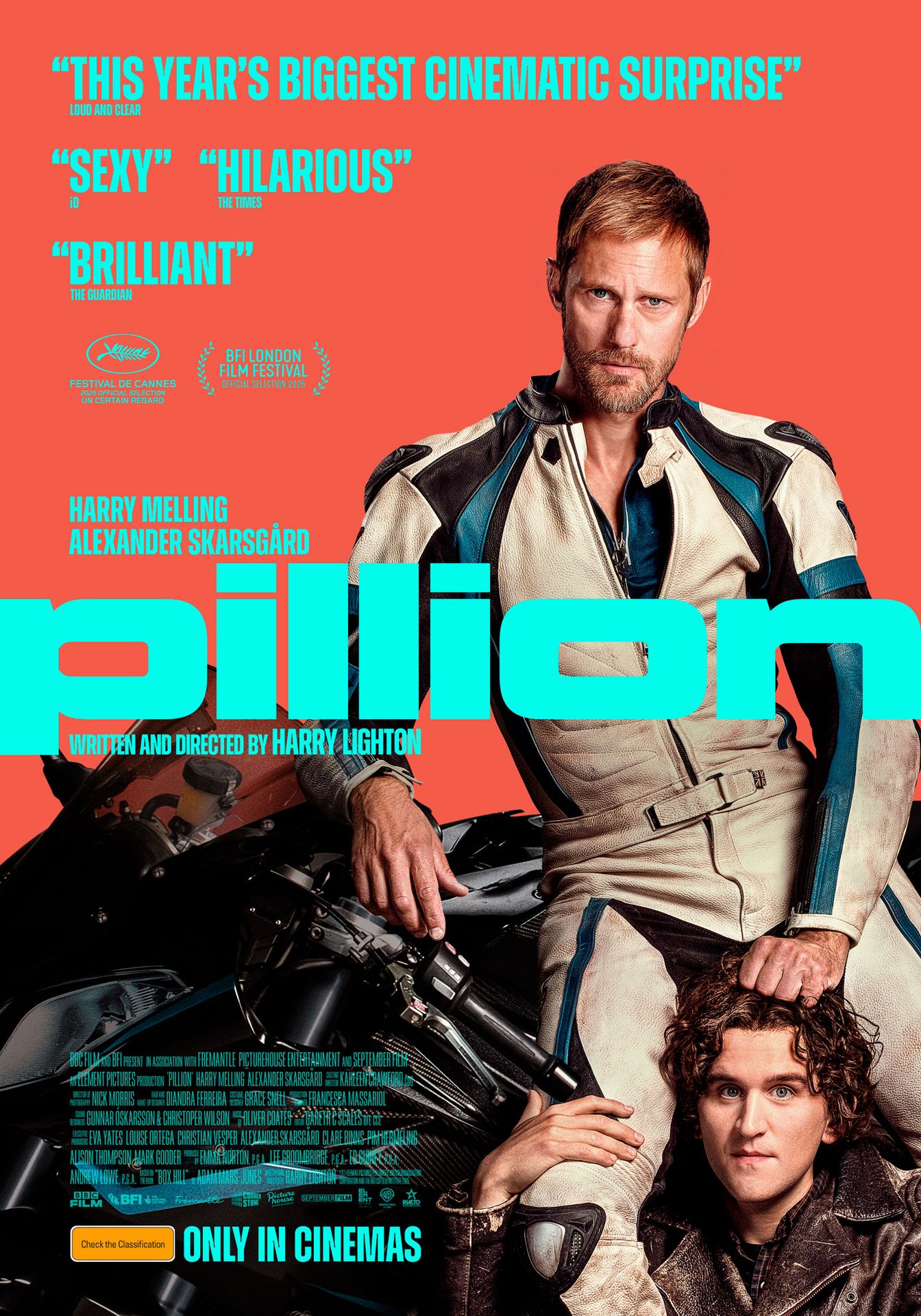 A movie poster of Pillion. Starring Alexander Skarsgard,Anthony Welch,Bryan Martin,Douglas Hodge,Georgina Hellier,Harry Melling,Jake Sharp,Kavcic Miha,Lesley Sharp,Paul Tallis.