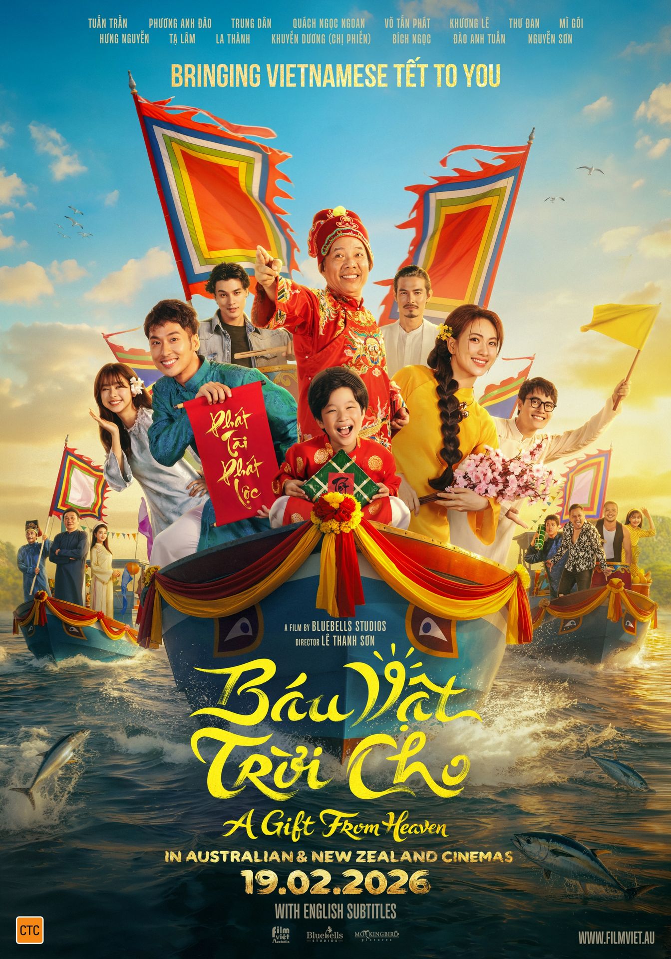 A movie poster of A Gift From Heaven. Starring Phuong Anh Dao, Vo Tan Phat, Tuan Tran. Release date 19 02 2026.