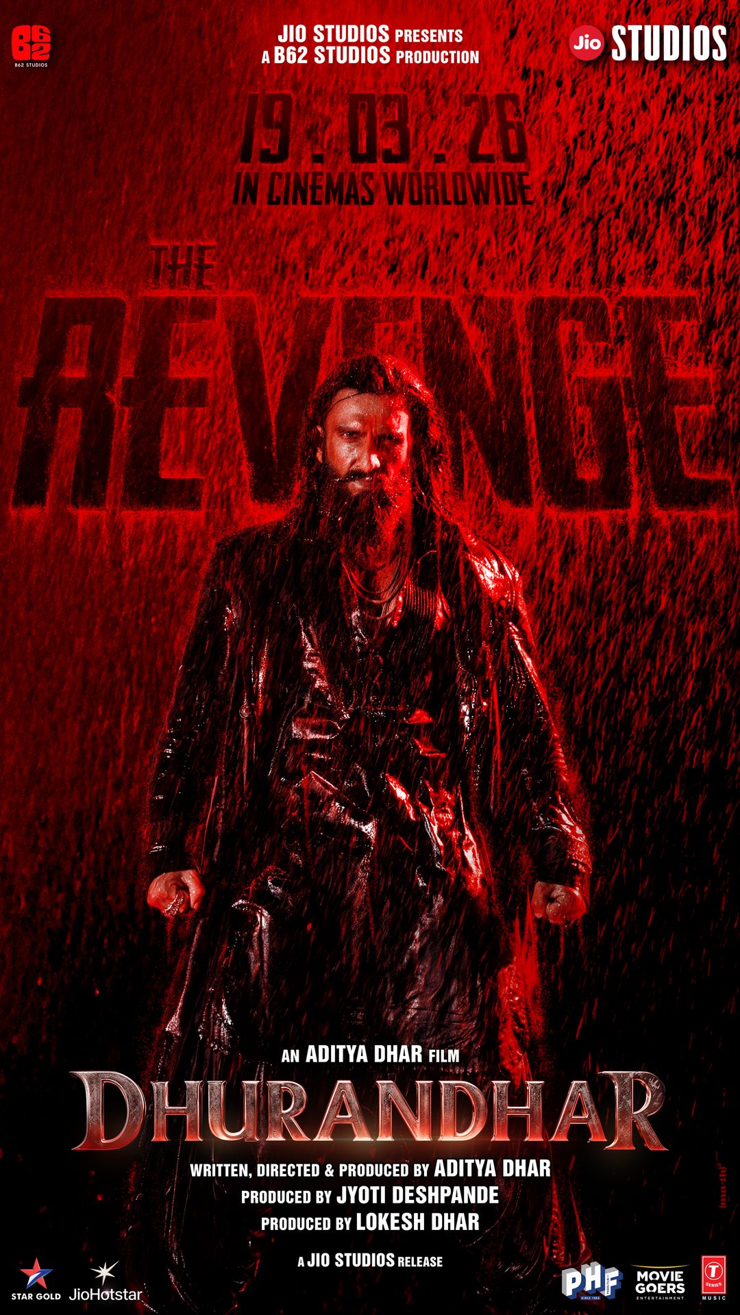 A movie poster of Dhurandhar: The Revenge. Starring Akshaye Khanna,Arjun Rampal,Danish Pandor,Manav Gohil,R. Madhavan,Rakesh Bedi,Ranveer Singh,Sanjay Dutt,Sara Arjun,Saumya Tandon.