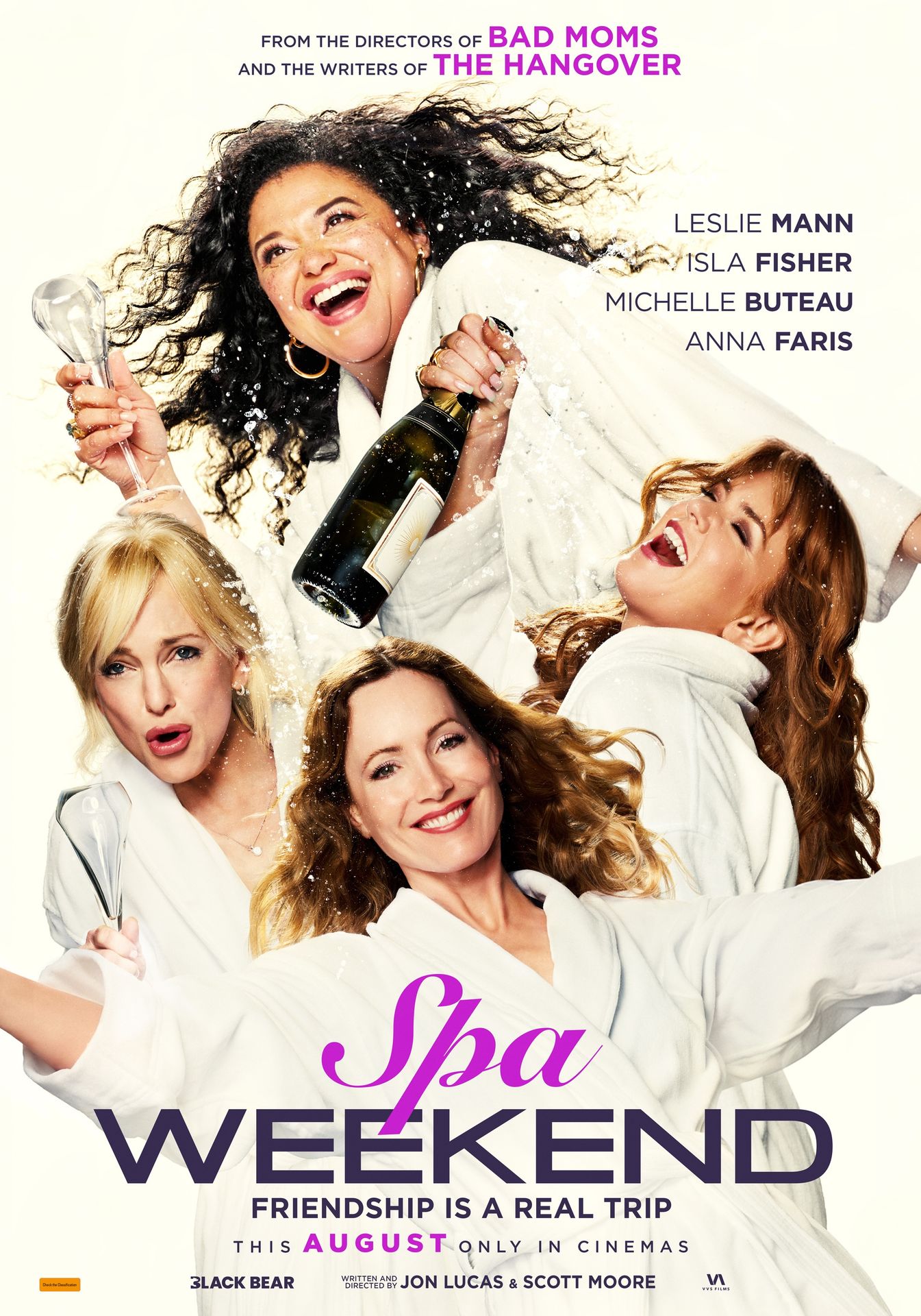 A movie poster of Spa Weekend. Starring Adam Demos, Anna Faris, Courtney Clarke, Isla Fisher, Kate Lister, Leslie Mann, Michelle Buteau, Quinn Aune, Stephen Hunter, Yasmin Kassim. Release date 20 08 2026.