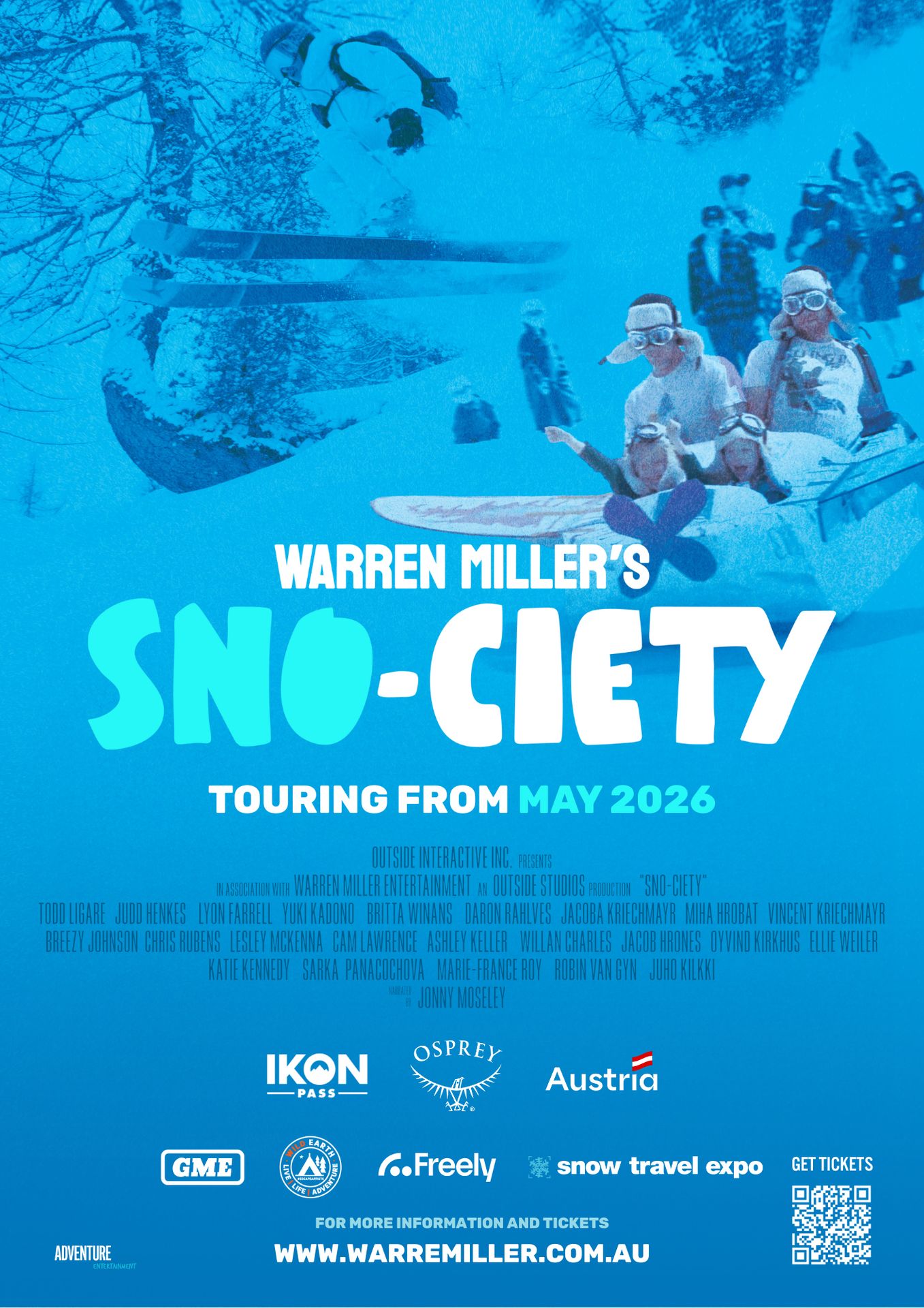 A movie poster of Warren Miller's SNO-CIETY.