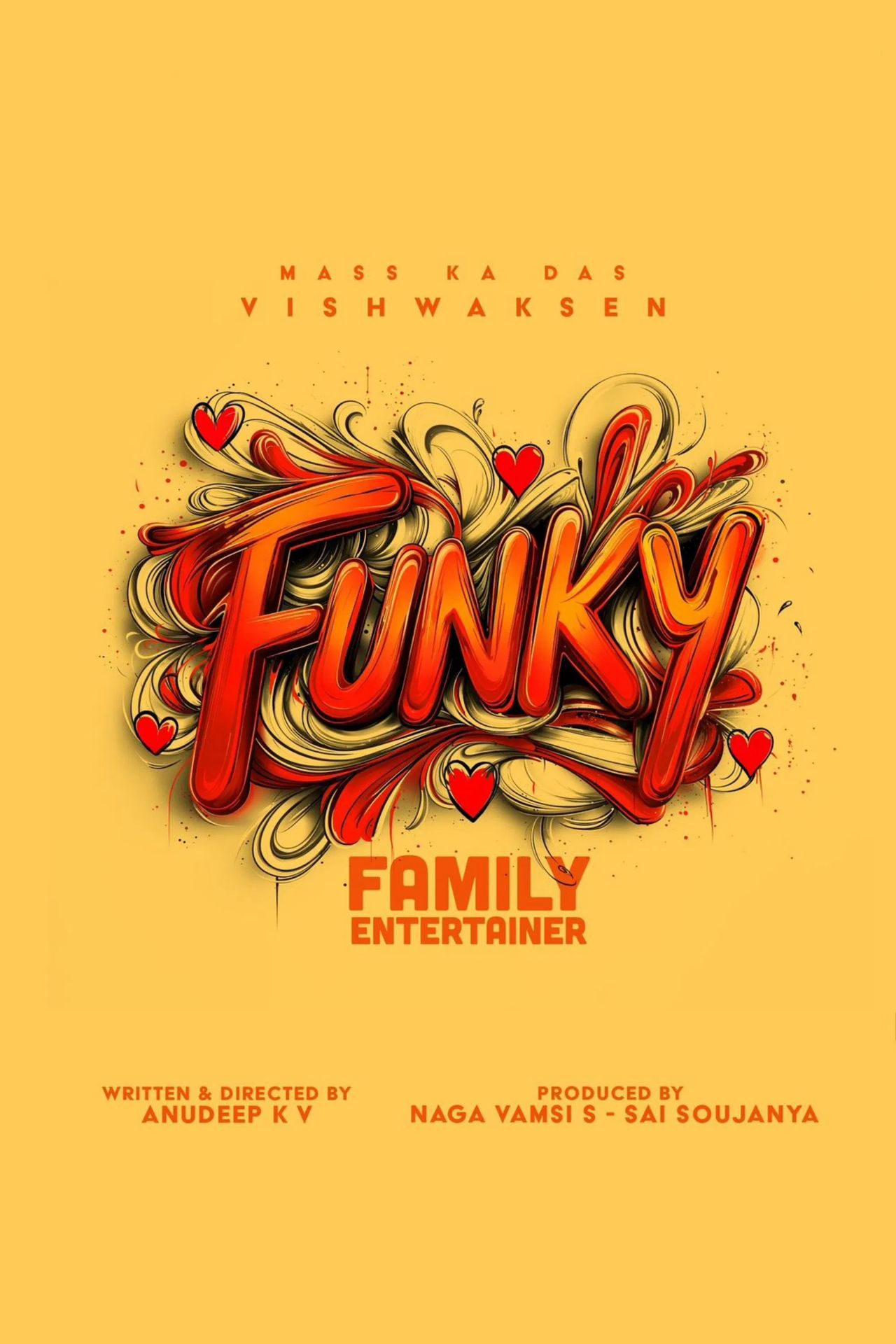 A movie poster of Funky. Starring Naresh, Muralidhar Goud, Kayadu Lohar, Easwari Rao, Vishwak Sen. Release date 13 02 2026.
