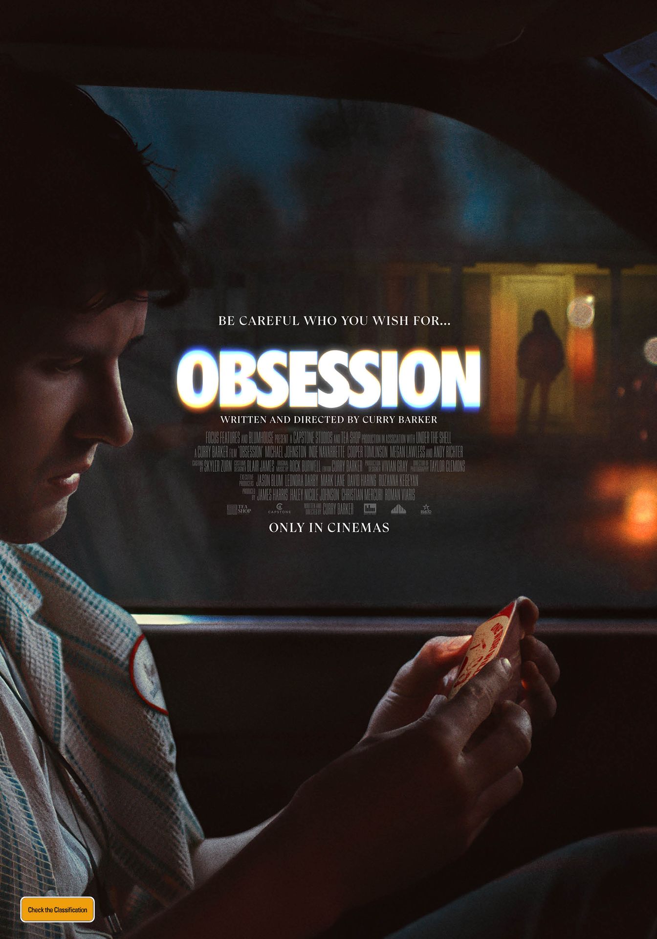 A movie poster of Obsession. Starring Andy Richter,Anthony Casabianca,Anthony Pavone,Chloe Breen,Cooper Tomlinson,Darin Toonder,Haley Fitzgerald,Inde Navarrette,Megan Lawless,Michael Johnston (II).