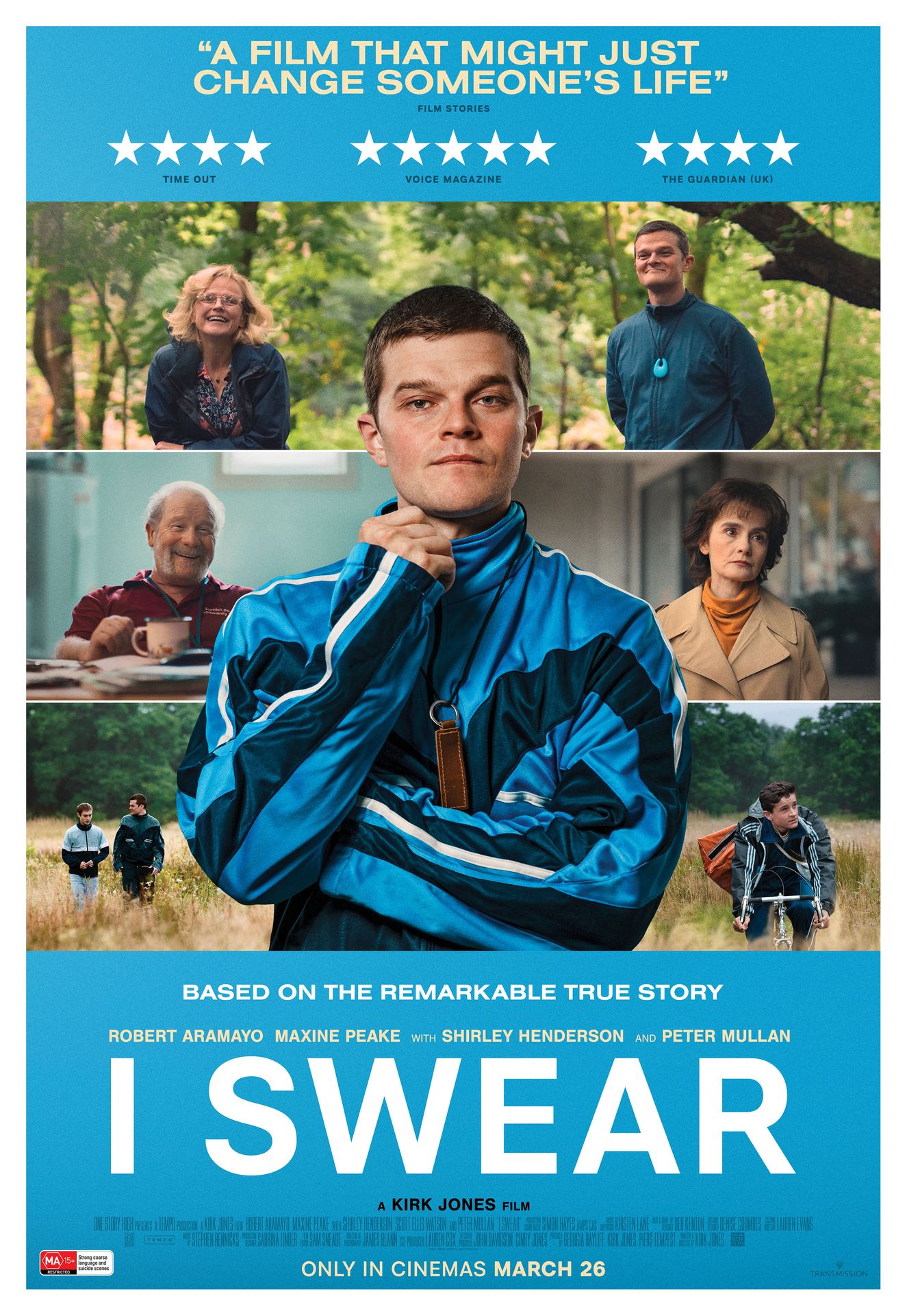 A movie poster of I Swear. Starring Adam McNamara,Jason Alan Staines,Maxine Peake,Michael Cooke,Paddy Towers,Peter Mullan,Robert Aramayo,Sanjeev Kohli,Scott Ellis Watson,Shirley Henderson,Steven Cree.