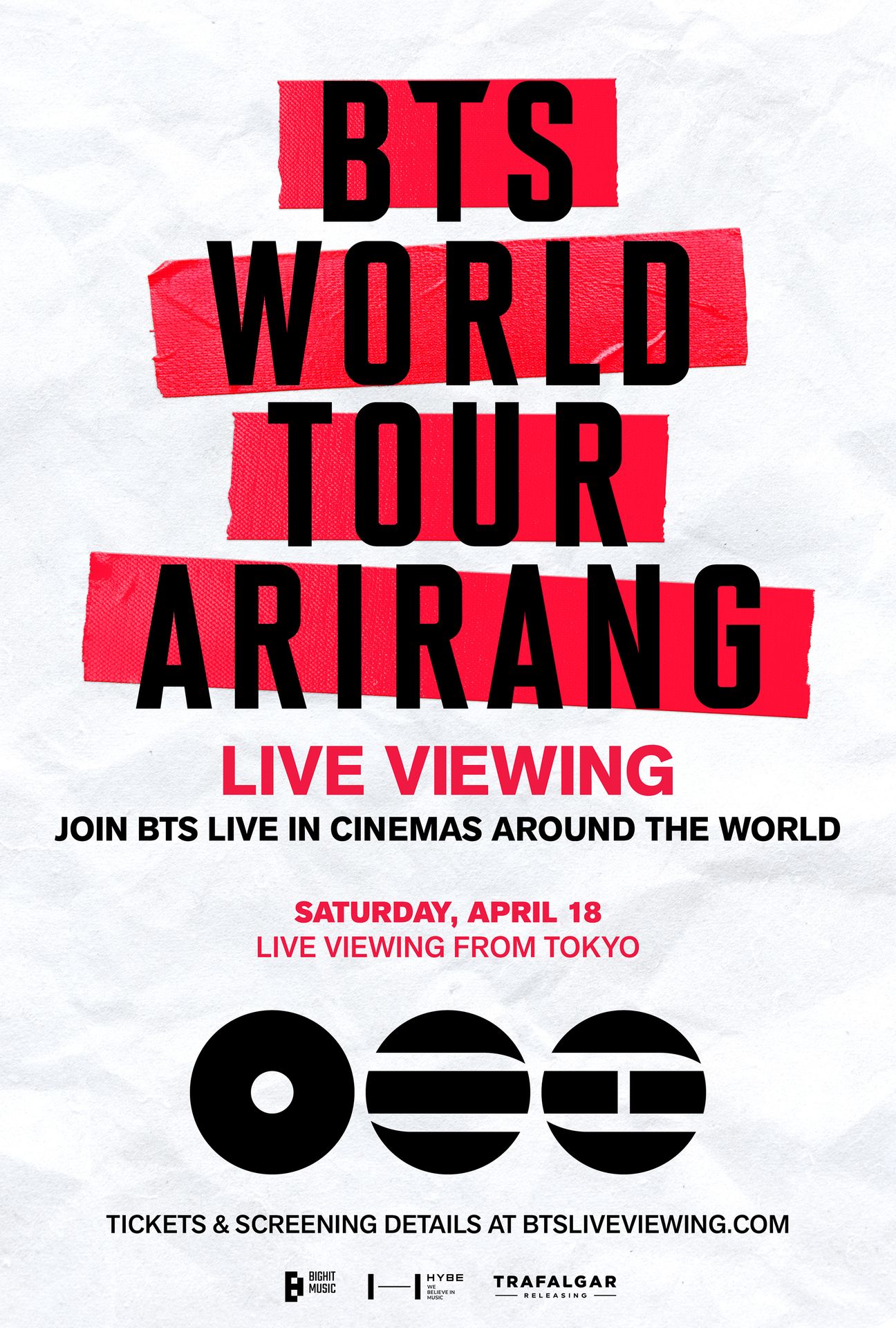 A movie poster of BTS World Tour 'Arirang' in Japan: Live Viewing. Starring BTS. Release date 18 04 2026.