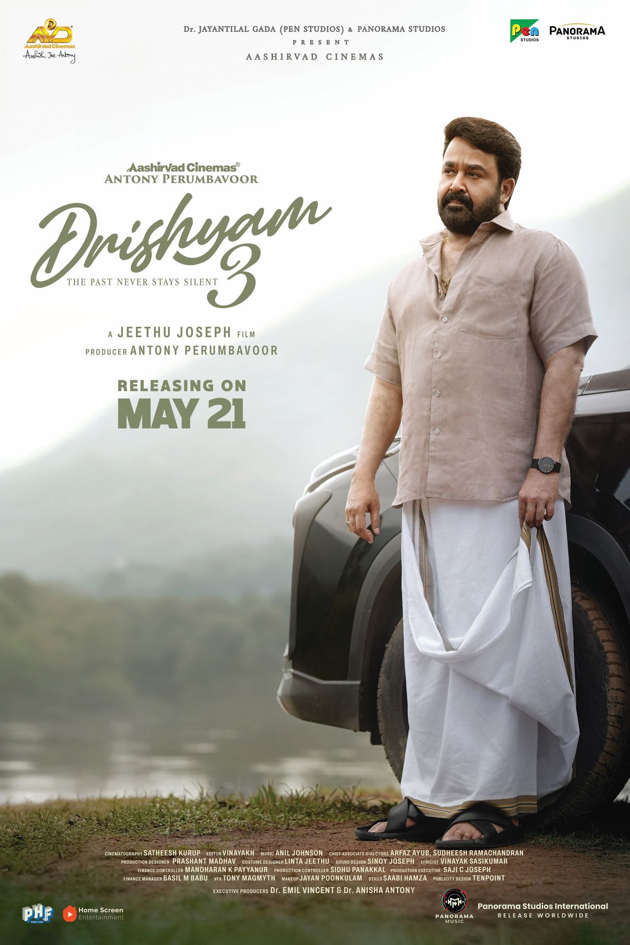A movie poster of Drishyam 3. Starring Meena, Mohanlal, Siddique, Esther Anil, Murali Gopy, Ansiba Hassan, Asha Sharath. Release date 21 05 2026.