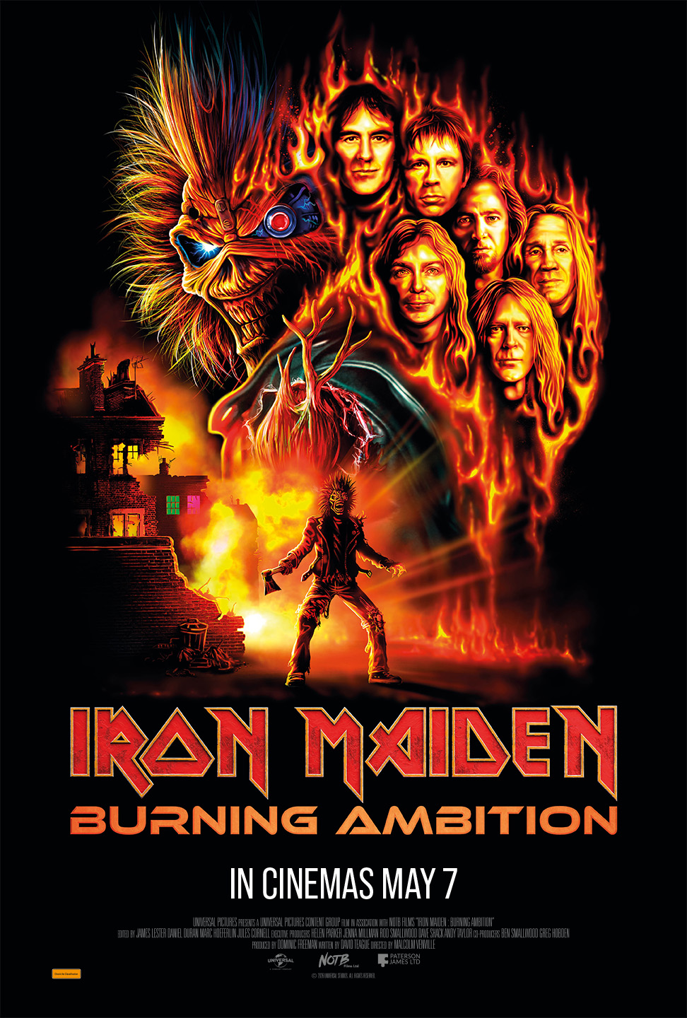 A movie poster of Iron Maiden: Burning Ambition.