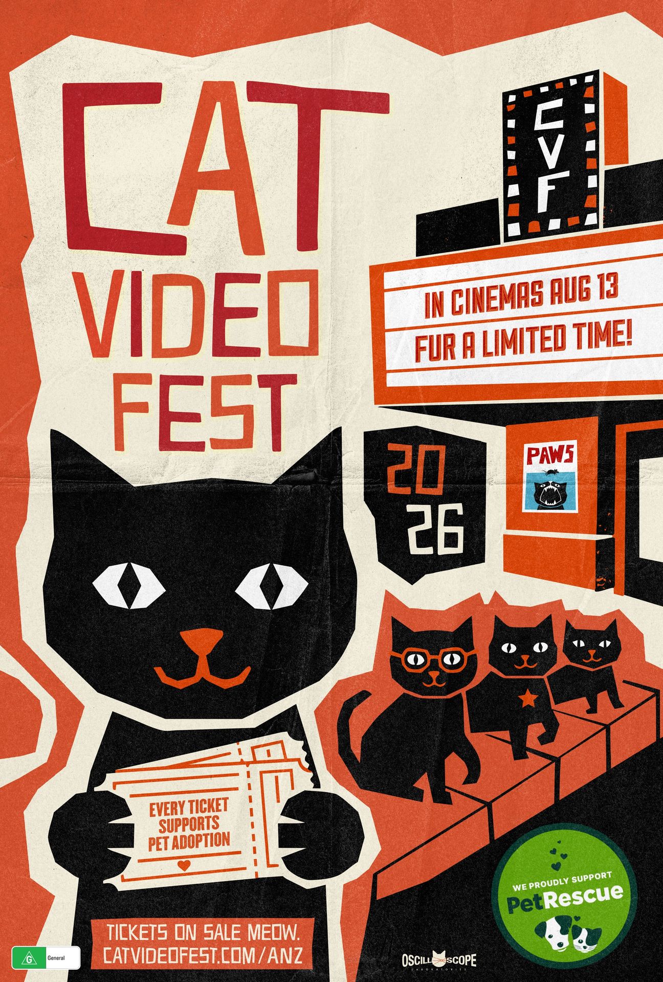 A movie poster of Catvideofest 2026. Starring Various cats from the Interweb!. Release date 13 08 2026.