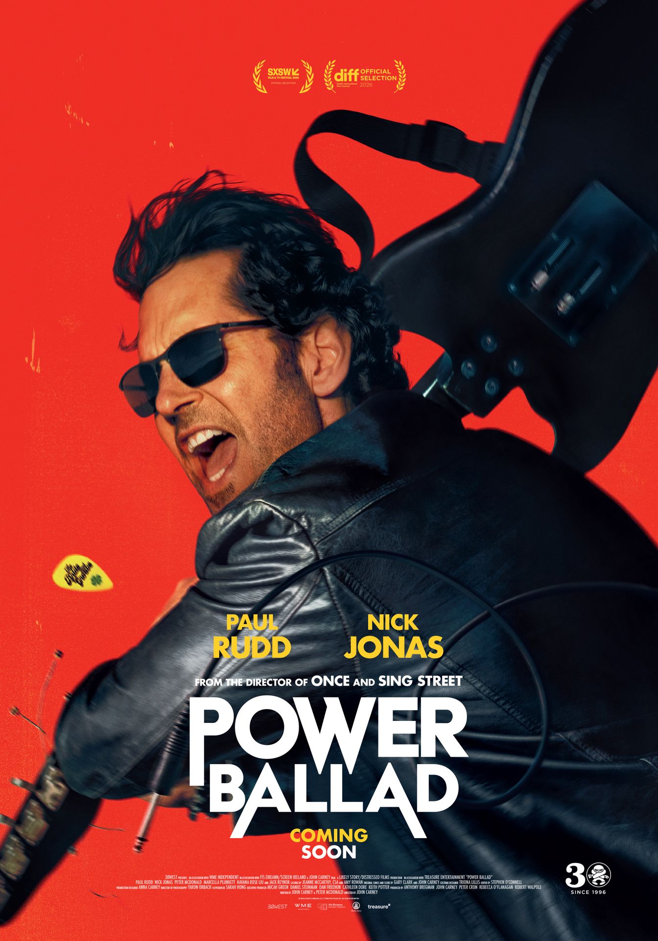A movie poster of Power Ballad. Starring Beth Fallon, Havana Rose Liu, Jack Reynor, Keith McErlean, Kelly Thornton, Marcella Plunkett, Nick Jonas, Paul Reid, Paul Rudd, Peter McDonald, Rory Keenan, Sophie Vavasseur. Release date 28 05 2026.