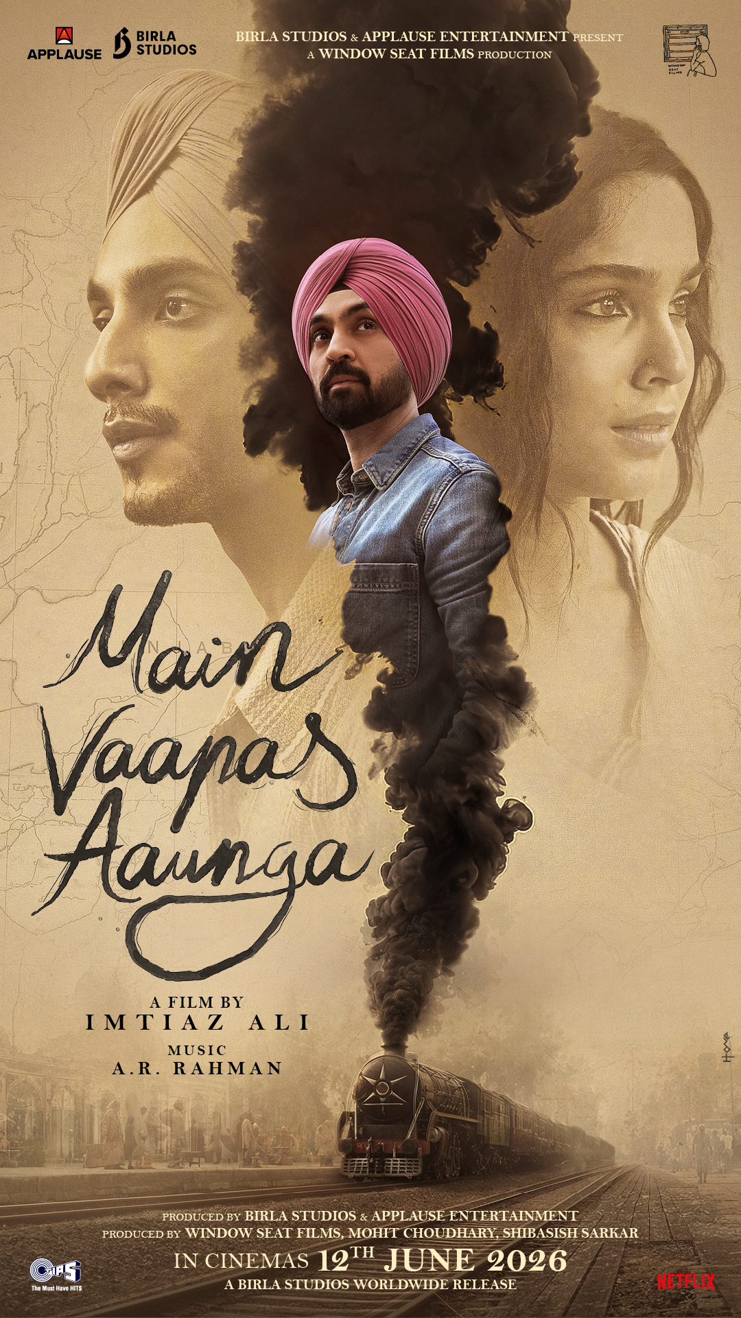 A movie poster of Main Vaapas Aaunga. Starring Anjana Sukhani, Banita Sandhu, Danish Pandor, Diljit Dosanjh, Dolly Ahluwalia, Naseeruddin Shah, Rajat Kapoor, Sharvari Wagh, Vedang Raina, Vinod Nagpal.