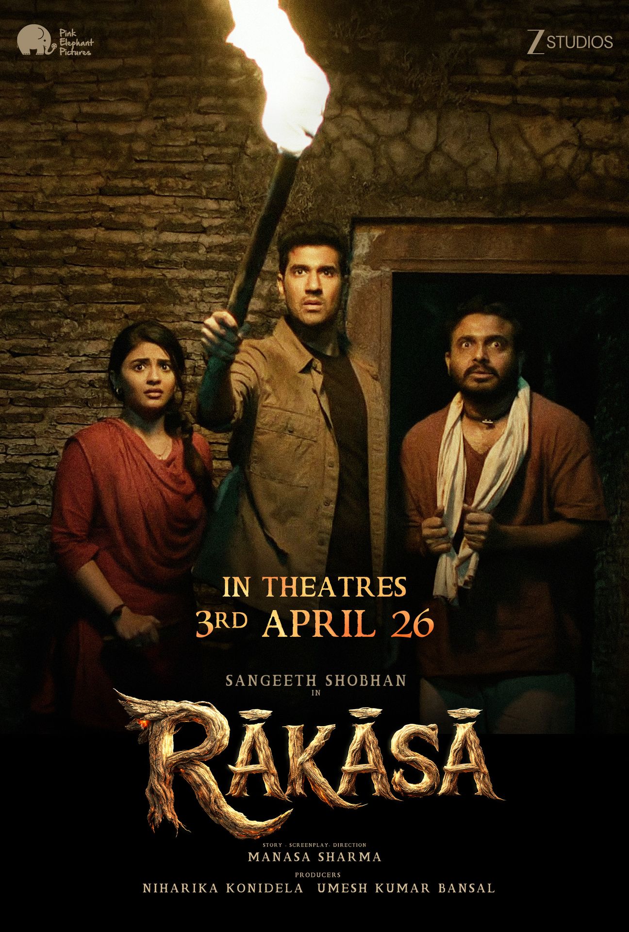 A movie poster of Raakaasaa. Starring Brahmaji, Tanikella  Bharani, Vennela Kishore, Nayan Sarika, Sangeeth Shobhan, Ashish  Vidyarthi. Release date 03 04 2026.