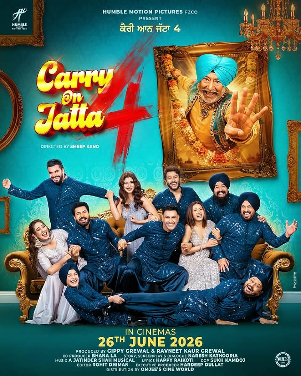 A movie poster of Carry On Jatta 4. Starring Binnu Dhillon, Gippy Grewal, Jasmin Bhasin, Jaswinder Bhalla, Karamjit Anmol, Sargun Mehta, Sunil Grover.