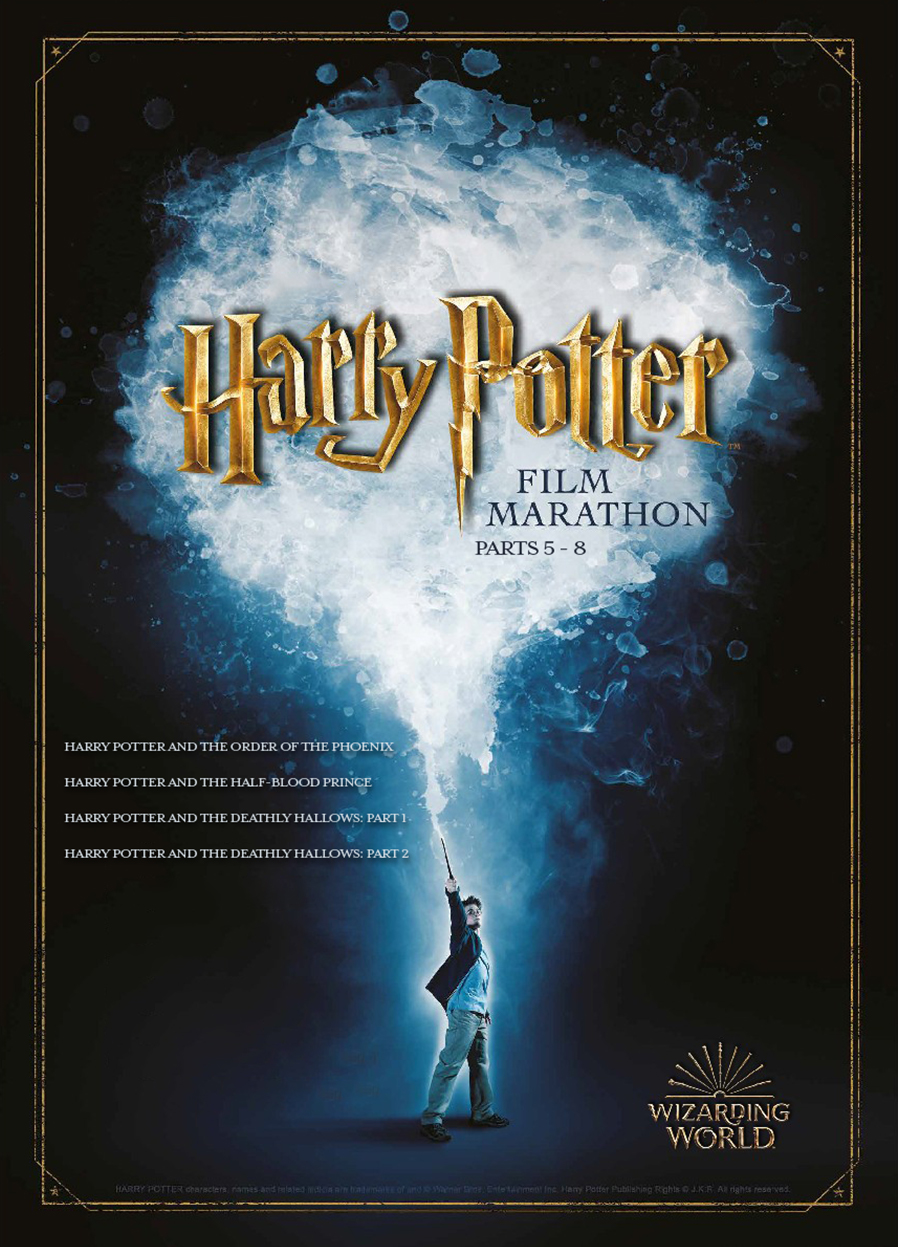 A movie poster of Harry Potter marathon parts 5 - 8.