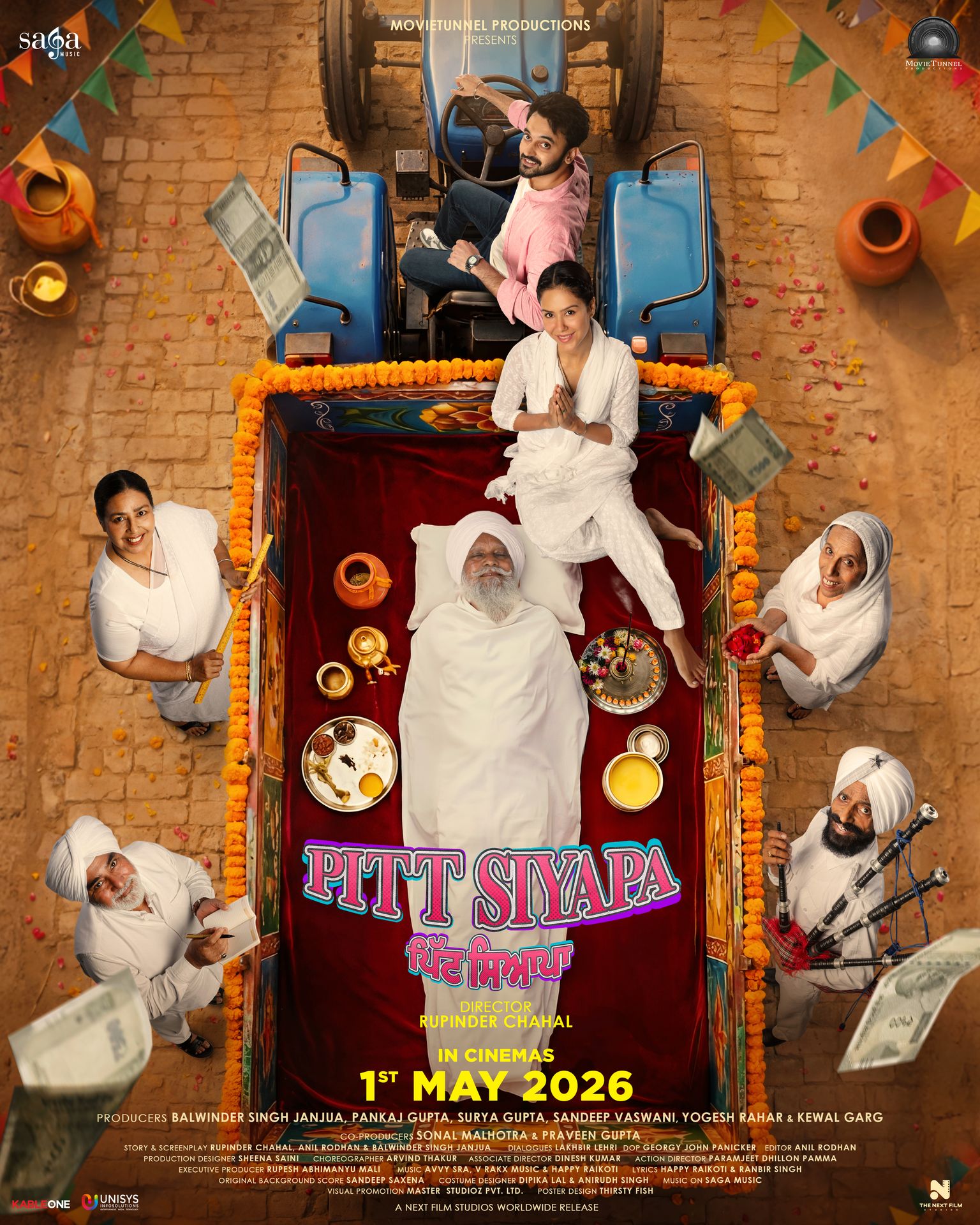 A movie poster of Pitt Siyapa. Starring Karamjit Anmol, Sonam  Bajwa, Paramivir Cheema. Release date 01 05 2026.